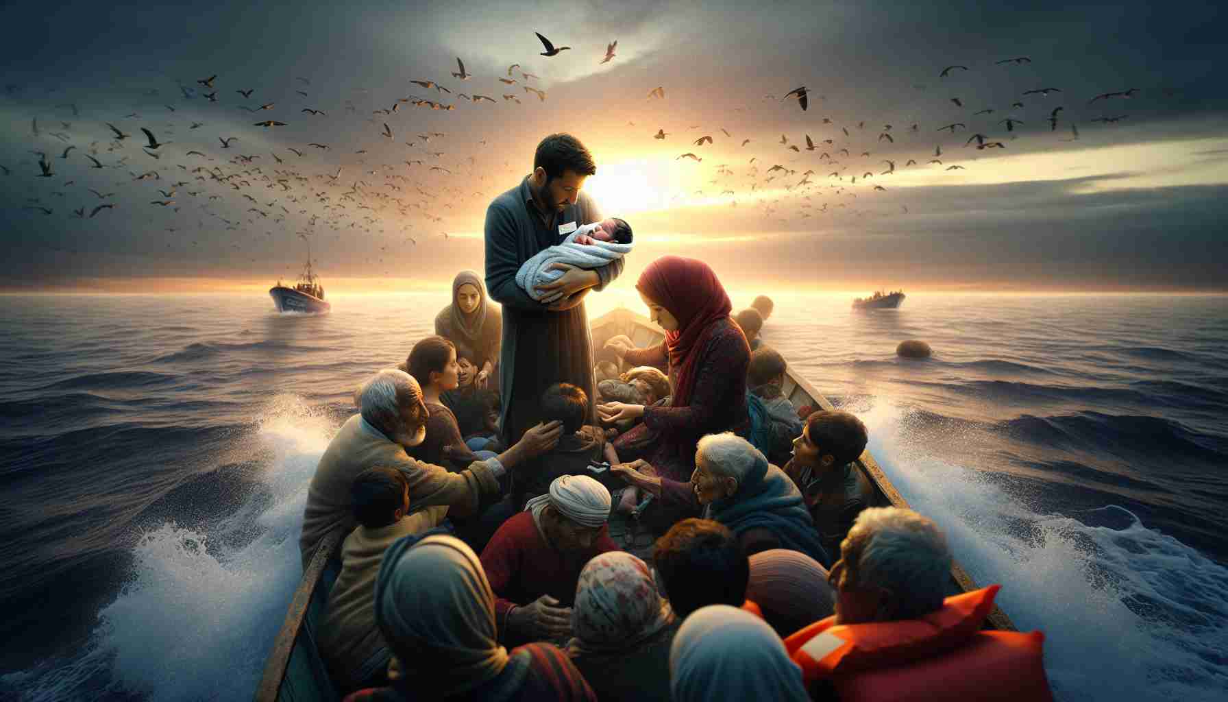 Generate a realistic HD image illustrating a miraculous scene at sea. Highlight a baby's first moments of life on a migrant boat. The boat should be filled with people of diverse backgrounds and ethnicities, such a Caucasian woman cradling the newborn, a Middle-Eastern man steering the boat and South-Asian individuals providing help and care. The emotive mood should take center stage – jubilation, tension, and relief tangled up in one frame, set against a backdrop of a setting sun, a seemingly infinite ocean, and migratory birds in the distance.