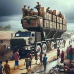 Generate a high definition, realistic image showing the concept of military aid with no specific countries involved. This could include, for example, a dynamic scene of humanitarian aid delivery in a rural area, with military transportation vehicles loaded with supplies and personnel interacts with local villagers. The image should evoke a sense of big change and unexpected developments.
