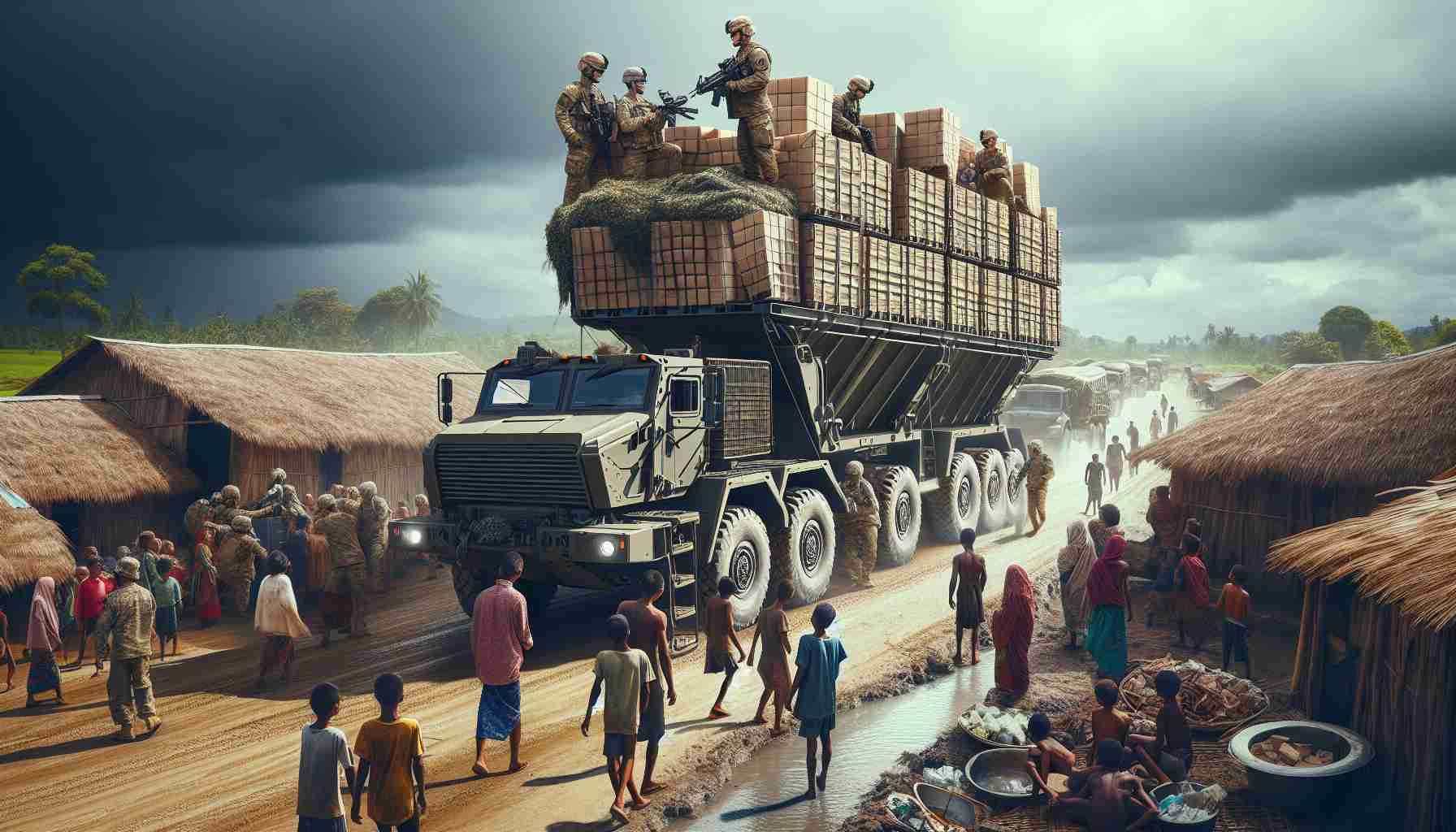 Generate a high definition, realistic image showing the concept of military aid with no specific countries involved. This could include, for example, a dynamic scene of humanitarian aid delivery in a rural area, with military transportation vehicles loaded with supplies and personnel interacts with local villagers. The image should evoke a sense of big change and unexpected developments.