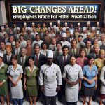 High-definition realistic depiction of the text 'Big Changes Ahead! Employees Brace for Hotel Privatization'. The scene should display an assortment of hotel staff from diverse descents such as Caucasian, Hispanic, Black, Middle-Eastern, Asian, and so forth, in a variety of roles including receptionists, housekeepers, chefs, bellboys, and managers. These staff members should display a range of emotions, from concern to determination, suggesting the looming change in their work environment due to privatization.