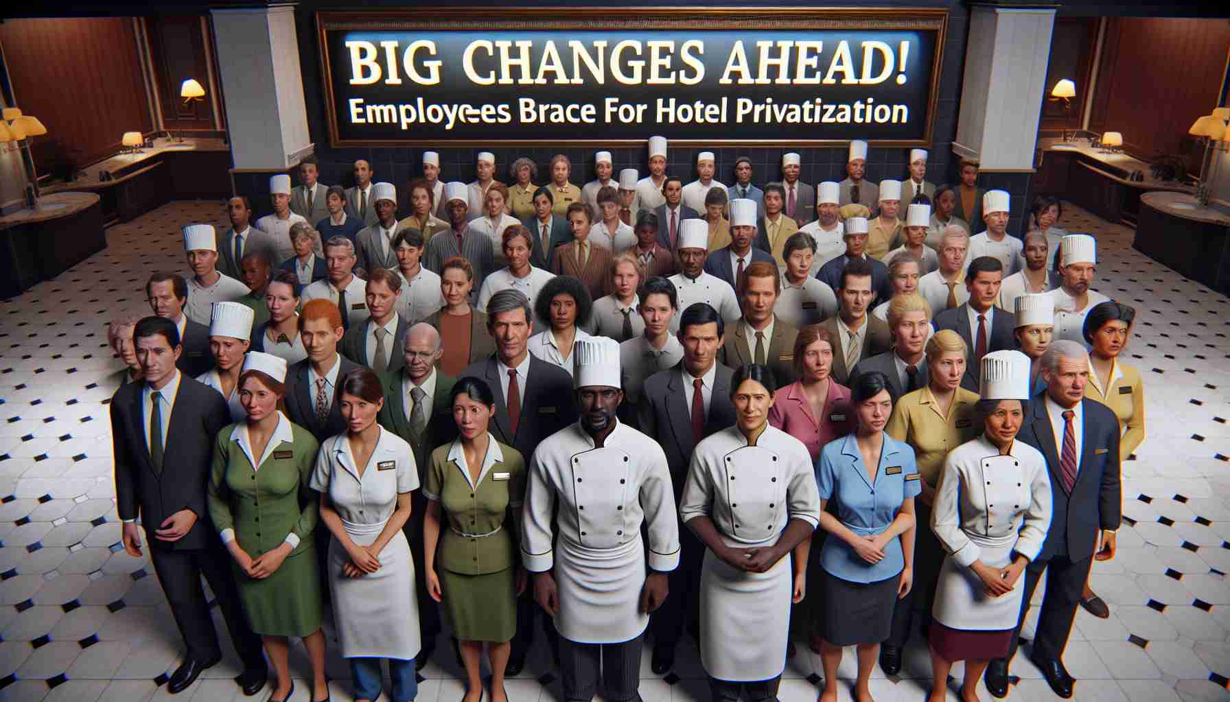 High-definition realistic depiction of the text 'Big Changes Ahead! Employees Brace for Hotel Privatization'. The scene should display an assortment of hotel staff from diverse descents such as Caucasian, Hispanic, Black, Middle-Eastern, Asian, and so forth, in a variety of roles including receptionists, housekeepers, chefs, bellboys, and managers. These staff members should display a range of emotions, from concern to determination, suggesting the looming change in their work environment due to privatization.