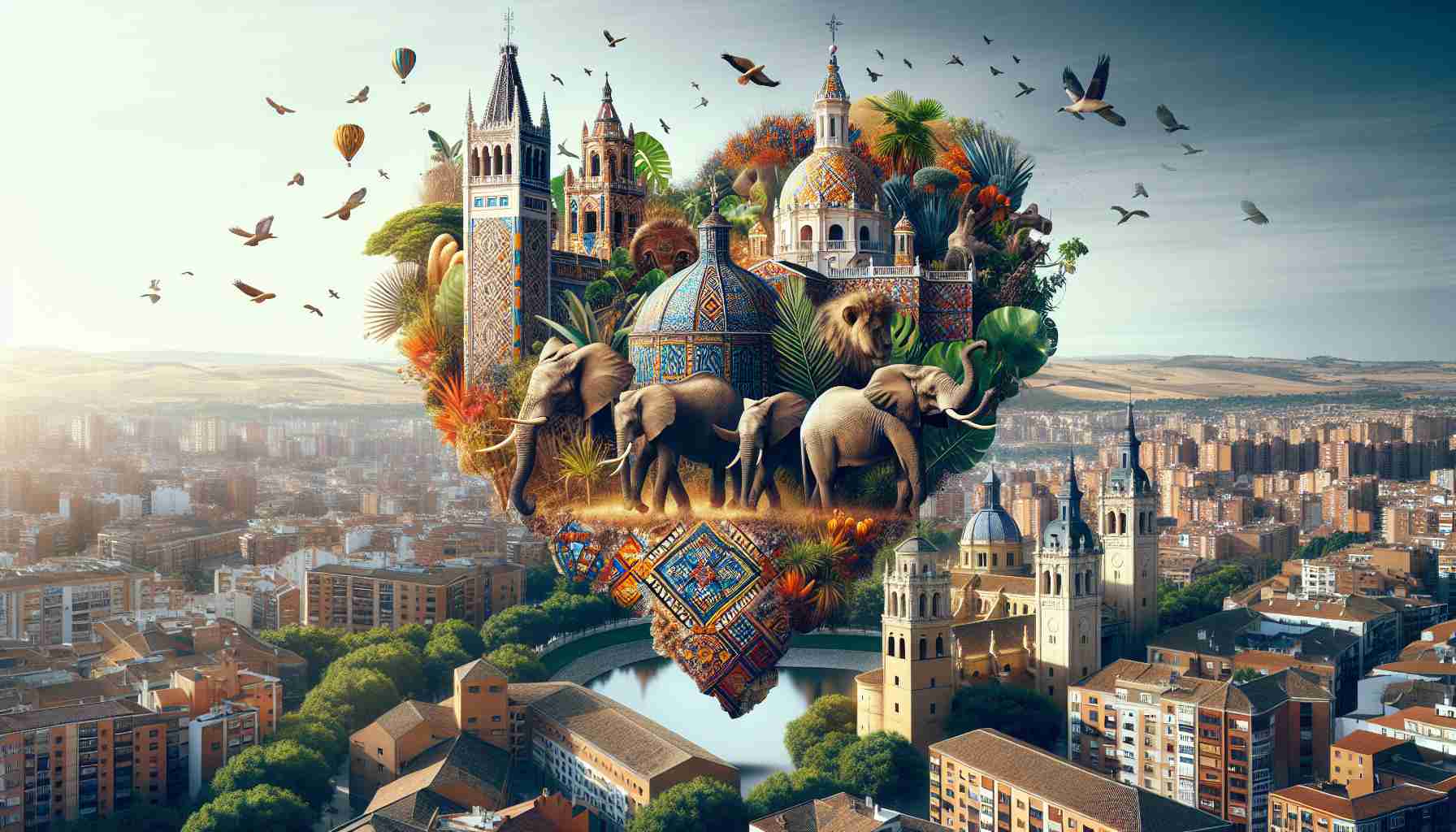 Create a highly detailed and realistic HD image that metaphorically encapsulates the 'Heart of Africa'. Imagine the source of African culture - beautiful traditional patterns, indigenous plants, wildlife like elephants and lions, all seamlessly blended into the urban architecture of a lively Spanish city - Valladolid, with its prominent landmarks such as the Cathedral of Valladolid and Campo Grande. The image should encapsulate the idea of experiencing the rich and vibrant African culture right in the heart of Spain, while not missing out on the unique elements of Valladolid.