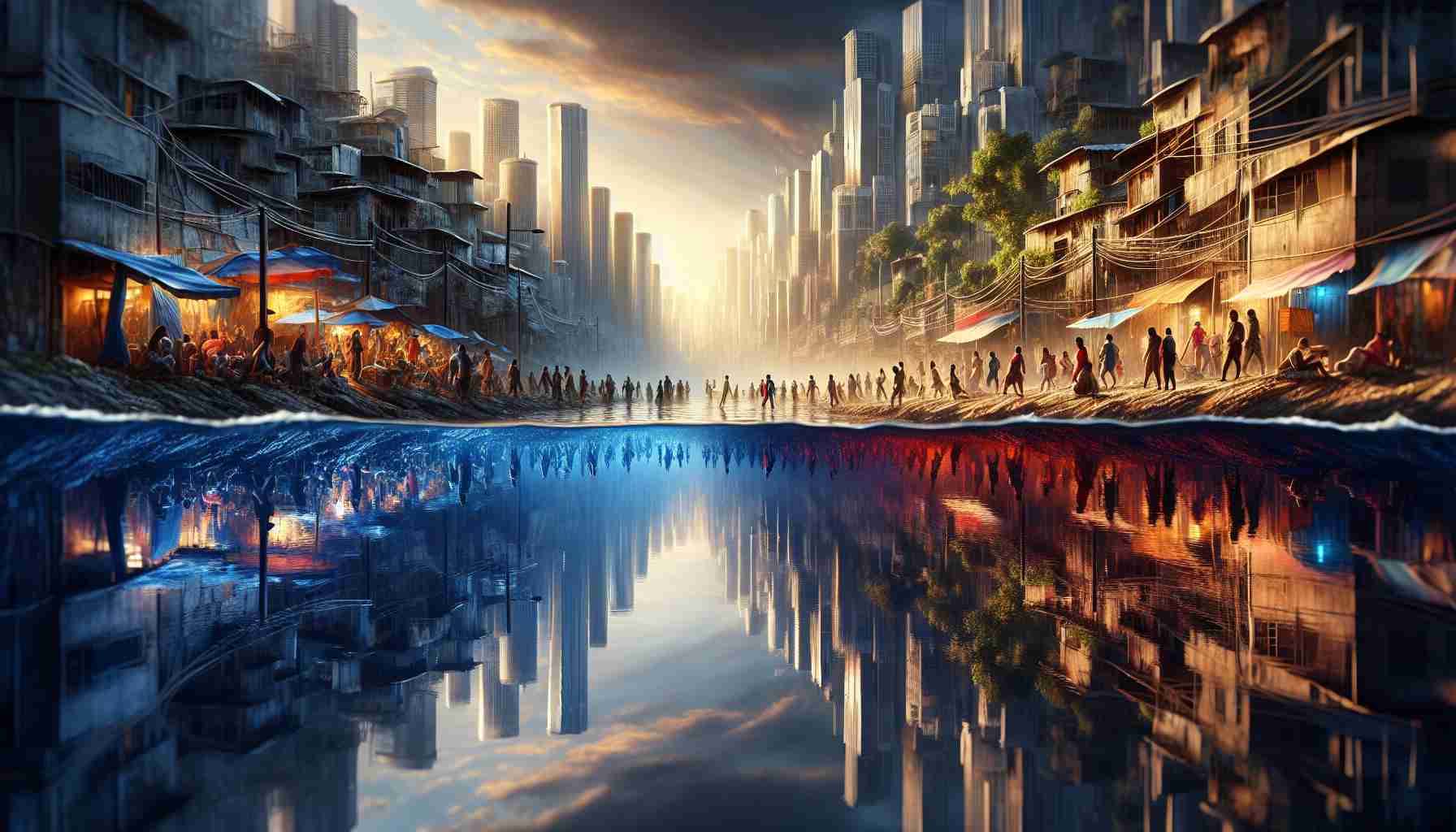 Realistic high-definition image depicting a dramatic scene at a river: The image illustrates undocumented narratives of our streets. A vibrant city reflects in the slightly disturbed water of the river, concealing poignant human tales. In this city, people of various descents, genders, and backgrounds congregate, each with their own unique stories mostly overlooked by passing bystanders. Contrastingly, the river, with its quiet fluidity, stands as a silent observer, absorbing and reflecting the myriad shades of human life. The composition vividly echoes the changing societal dynamics, urbanization, and the often unseen human aspects of city life.