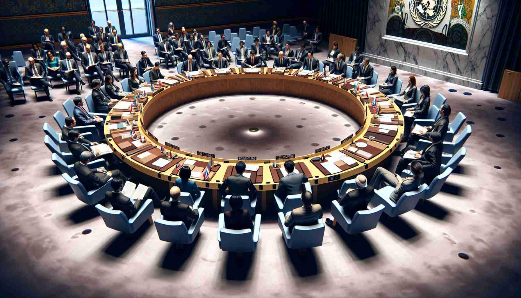 A realistic, high-definition image depicting a meeting of international delegates focused on an agenda. Show a diverse representation of hypothetical delegates such as a Middle Eastern woman and a Caucasian man. They are seated in a circular stadium-like setting symbolizing the UN Security Council meeting. Centrally, there is a large roundtable with a spread of papers and other empirical evidences indicating an ongoing discussion. Emphasize everything that suggests diplomacy, international relations, and peacekeeping missions: flags, peace symbols, etc.