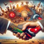 An HD quality image symbolizing the strengthening relationship between Turkey and Africa, depicted through various symbolic elements. In the image, a handshake between two individuals, one represents Turkey and the other represents Africa, could serve as the central image. The background could be a blending of different aspects of Turkish and African cultures, landscapes, architecture, and symbolisms, thereby denoting the unity and new era of stability. Please refrain from including political figures in the image. The portrayal should be strictly metaphorical, keeping the focus on the symbolic narration.