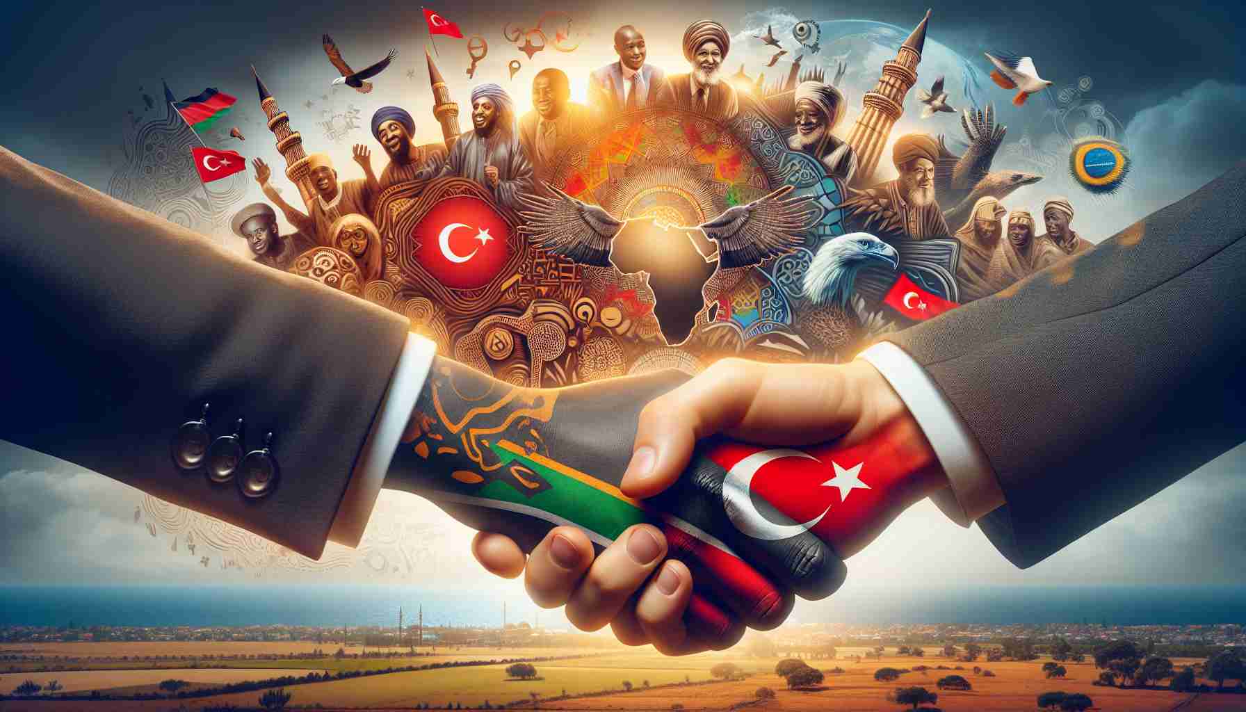 An HD quality image symbolizing the strengthening relationship between Turkey and Africa, depicted through various symbolic elements. In the image, a handshake between two individuals, one represents Turkey and the other represents Africa, could serve as the central image. The background could be a blending of different aspects of Turkish and African cultures, landscapes, architecture, and symbolisms, thereby denoting the unity and new era of stability. Please refrain from including political figures in the image. The portrayal should be strictly metaphorical, keeping the focus on the symbolic narration.