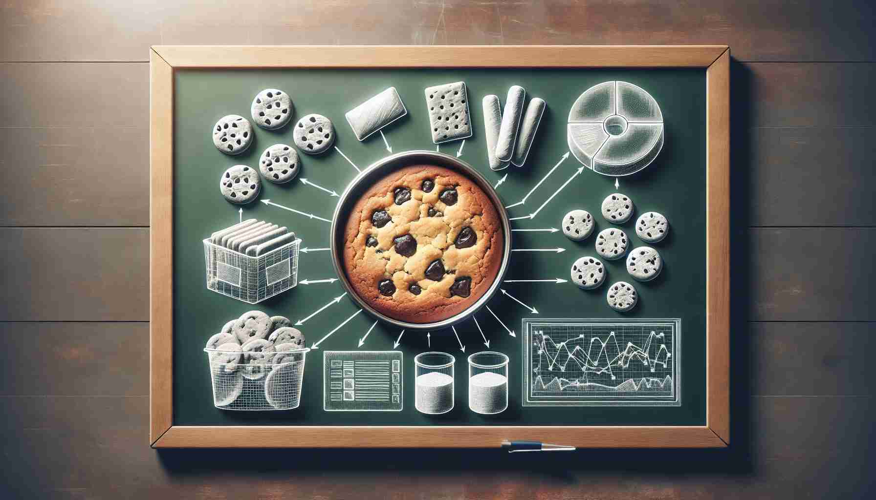 Generate a realistic, high-definition photograph that depicts a visual metaphor for understanding cookie policies. This could include a picture of cookies spread out on a table as if they're being analyzed, a diagram about cookies drawn on a chalkboard, or any other creative representation that symbolically presents the concept of 'cookie policies'.