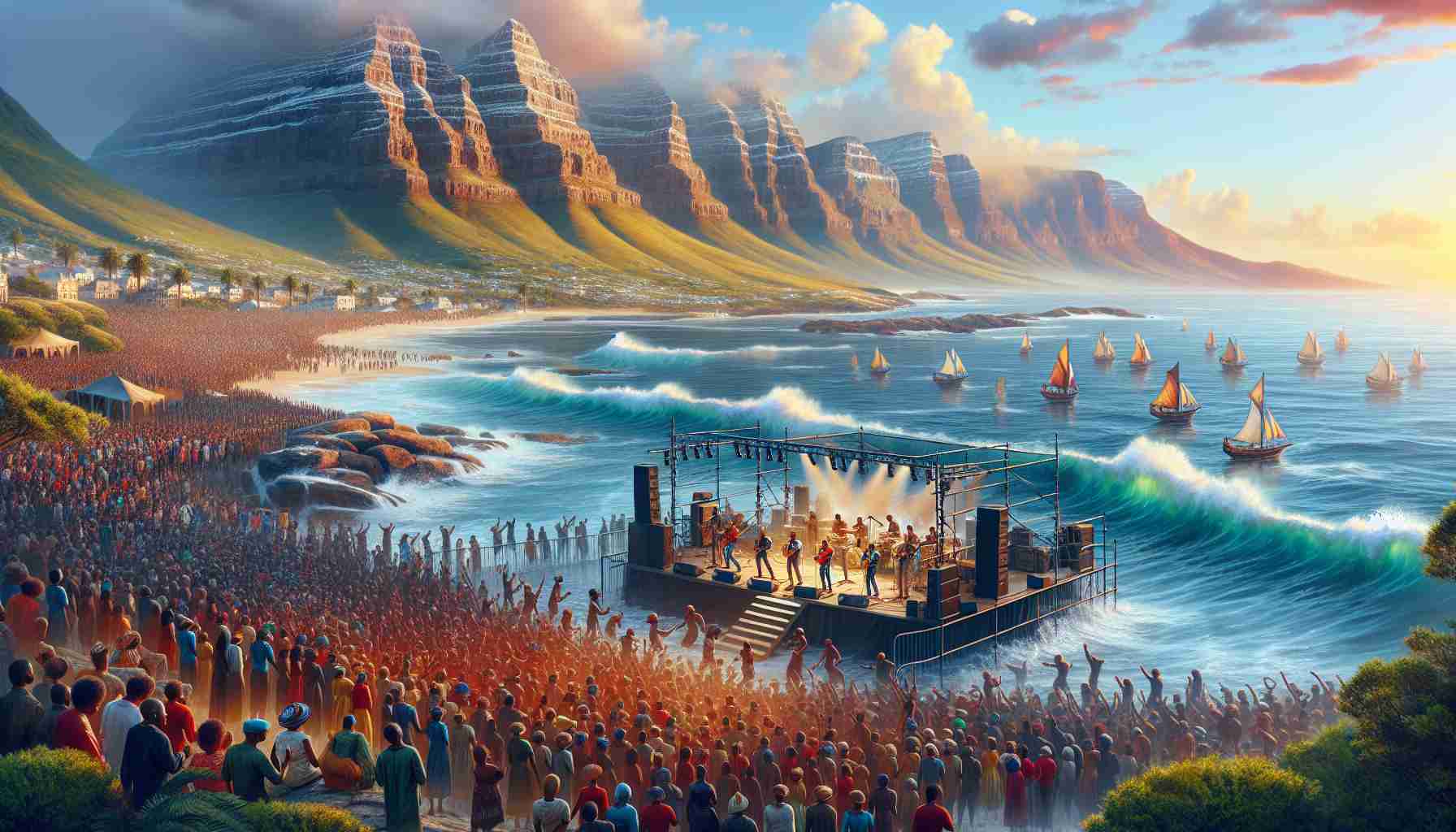 Realistic high definition image of a historic musical performance on the vibrant and lively shores of Africa. The setting is characterised by the breathtaking beauty of the surroundings, the passionate crowd, and the mirthful beats resonating across the coast. Be sure not to miss this legendary event whose melodic waves reverberate across the continent.