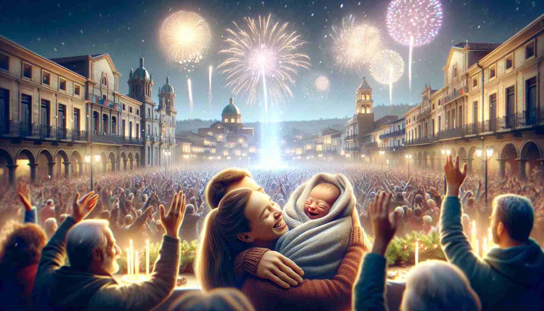 Realistic high-definition photo depicting a joyful New Year's celebration in the city of Valladolid. The scene features jubilant crowds, firework displays, and the main center of attention: the city's last baby born in 2024. This newborn, wrapped snugly in a blanket and held by their overjoyed Caucasian parents, symbolizes the hope, possibility, and renewal that the New Year brings.