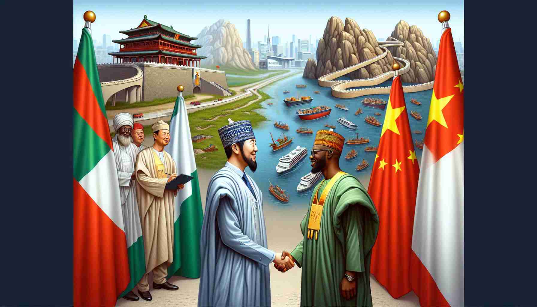 A detailed image representing diplomatic progress between China and Nigeria. Include symbolic elements such as a handshake between two individuals, one representing China and one representing Nigeria, both dressed in their respective traditional attire. Further illustrate the progress with a background containing significant landmarks from both countries such as The Great Wall from China and Zuma Rock from Nigeria. The scene should depict a sense of partnership and progress. Please render this image in high resolution for a realistic effect.