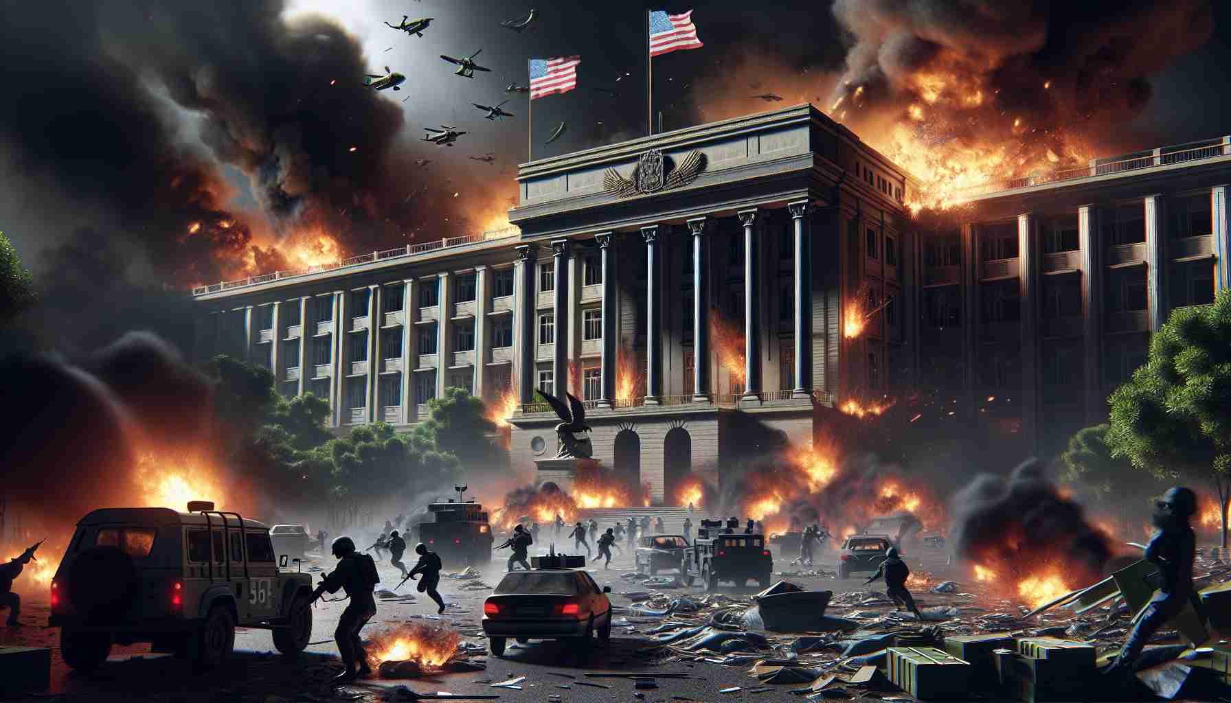 Realistic high-definition image of a chaotic scene in a country: an official government building under attack!