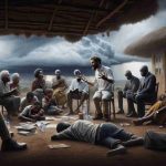A high-definition and realistic scene that depicts the tangible fear of activists and the despair of families in Kenya. Imagine a rural hut with several concerned figures gathered around, discussing something gravely important. The sky is heavily overcast, signaling an impending storm which metaphorically represents the threat. Among the activists, ensure a diverse representation, depict a black male activist passionately expressing his concerns, a middle eastern female activist taking notes, and a south Asian male activist listening with grim determination. Nearby, a family depicted by a white woman comforted by a Hispanic man portrays the heartbreaking despair.