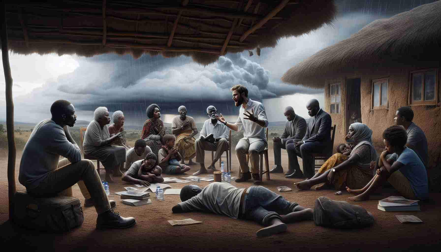 A high-definition and realistic scene that depicts the tangible fear of activists and the despair of families in Kenya. Imagine a rural hut with several concerned figures gathered around, discussing something gravely important. The sky is heavily overcast, signaling an impending storm which metaphorically represents the threat. Among the activists, ensure a diverse representation, depict a black male activist passionately expressing his concerns, a middle eastern female activist taking notes, and a south Asian male activist listening with grim determination. Nearby, a family depicted by a white woman comforted by a Hispanic man portrays the heartbreaking despair.