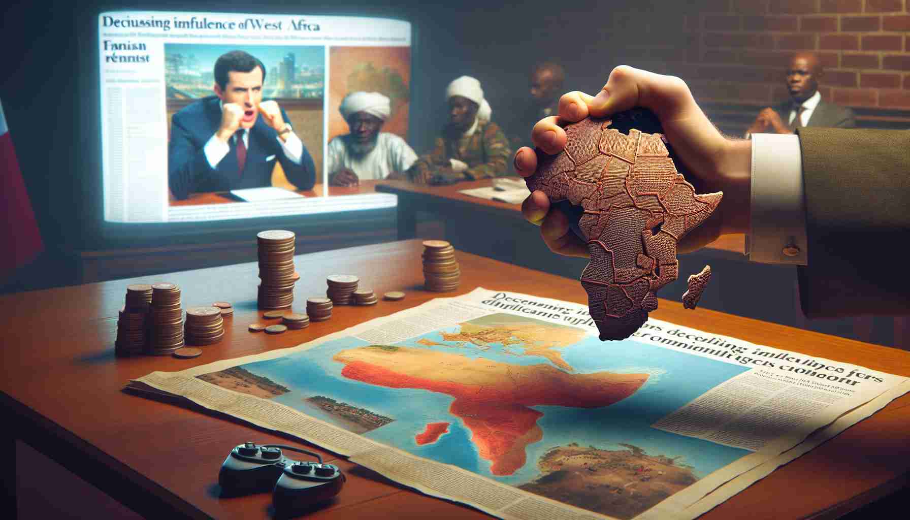 Create a realistic high-definition image enacting the narrative of decreasing influence of France over West African regions. The scene should be peaceful, with symbolism like a loosening grip on a map of West Africa to show the diminishing control. An additional layer of tension should be subtly added, possibly through facial expressions, body language, or tension-filled backgrounds. Include elements such as newspapers or television broadcasts in the background displaying anti-terrorism discourse.