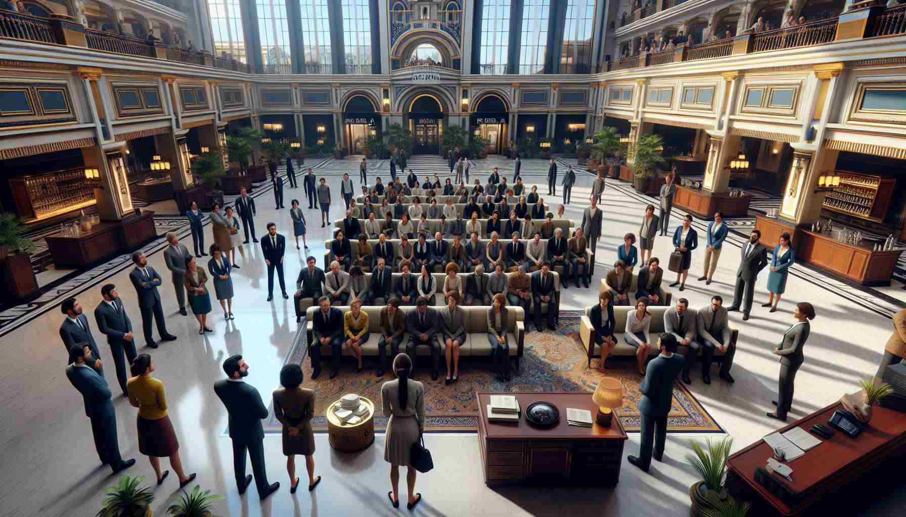 Realistic, high-definition scene depicting a diverse group of hotel workers apprehensively gathered to discuss their job security at a large, stylish hotel identified as 'Puerta de Africa'. They are situated in various parts of the lobby - some are clustered in small groups while others stand alone, their faces reflecting a mix of fear and determination. The hotel's architecture and decor evoke a sense of grandiose elegance, but tension fills the air.