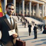 A realistic high-definition image portraying a symbolic event representing strengthened ties between Spain and Ghana. It features a key male, Hispanic diplomat from Spain arriving to attend an inauguration ceremony in Ghana. He is dressed in formal attire, holding an invitation card in one hand and a briefcase in the other. The scene is set outside an important government building in Ghana, with a Ghanaian flag fluttering in the wind, and attendees from diverse descents mingling in the background in elaborate formal attire.