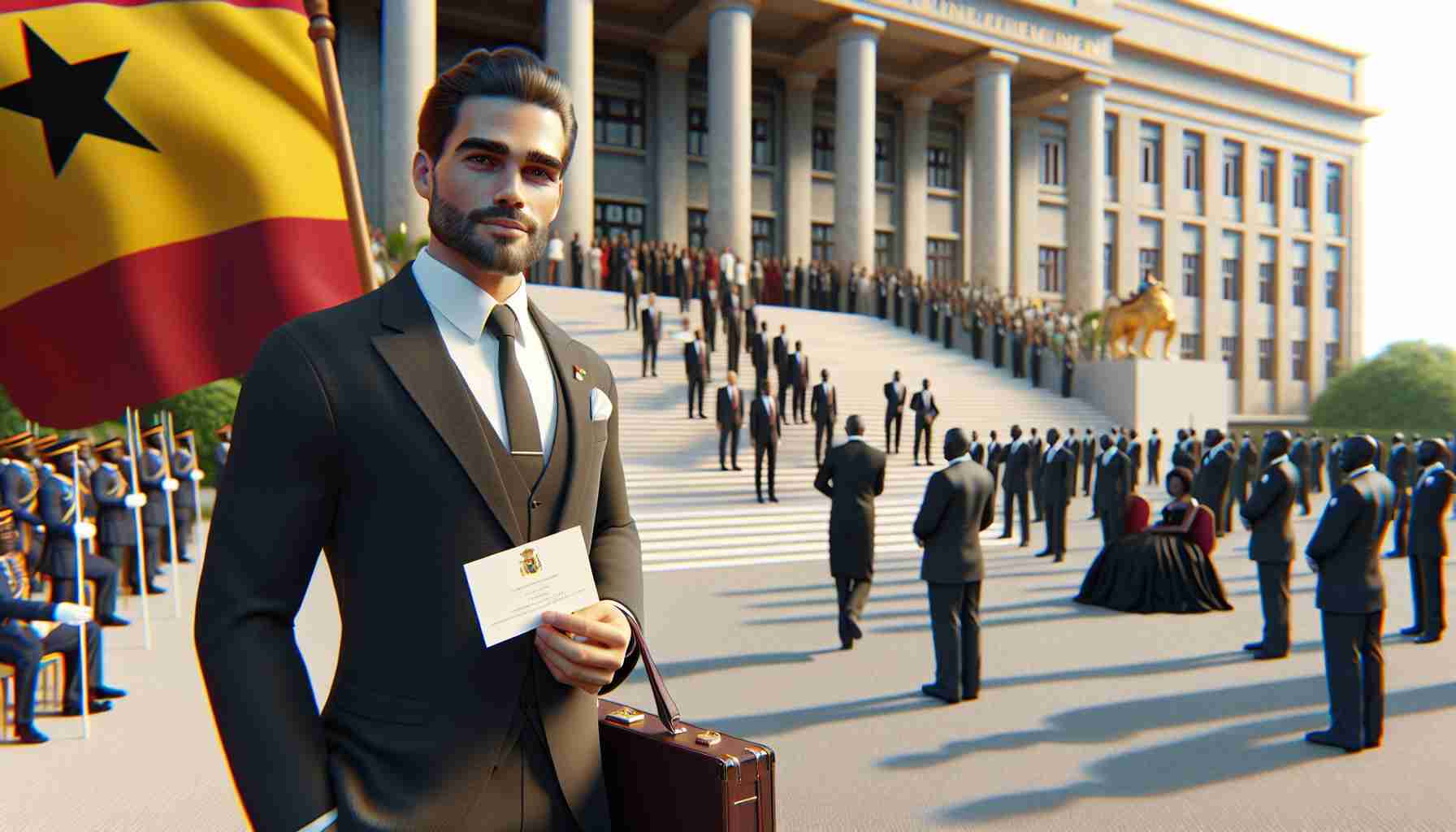 A realistic high-definition image portraying a symbolic event representing strengthened ties between Spain and Ghana. It features a key male, Hispanic diplomat from Spain arriving to attend an inauguration ceremony in Ghana. He is dressed in formal attire, holding an invitation card in one hand and a briefcase in the other. The scene is set outside an important government building in Ghana, with a Ghanaian flag fluttering in the wind, and attendees from diverse descents mingling in the background in elaborate formal attire.
