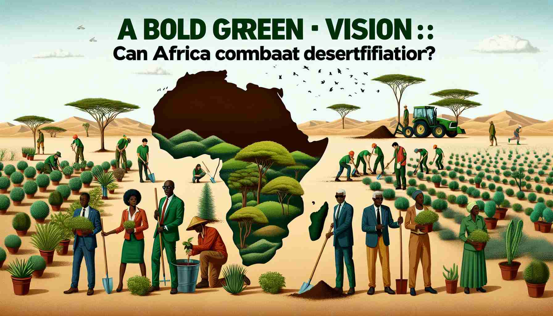 Create a realistic high-definition image that portrays the concept of 'A Bold Green Vision: Can Africa Combat Desertification?'. This could include scenes of mixed vegetation regrowing in previously desert areas, tree planting initiatives and volunteers working in arid regions of Africa. Africans of diverse descents such as Black, North African and Afro-Asiatic should be represented, equally distributed among men and women efficiently combating desertification.