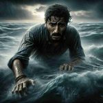 High definition, realistic image depicting a dramatic scene: a young Middle-Eastern man named Ayoub, caught in a desperate situation. He is shown in the midst of a treacherous swim, pushing against powerful waves. His face seems worn yet determined, symbolizing his relentless pursuit of freedom. His clothes are soaked and cling to him, reflecting the struggle. The background is an expansive, stormy ocean under the dark sky, adding to the perilous atmosphere. However, a faint light in the distance brings a sense of hope. Please keep the depiction respectful and empathetic, fully encapsulating his courageous struggle for freedom.