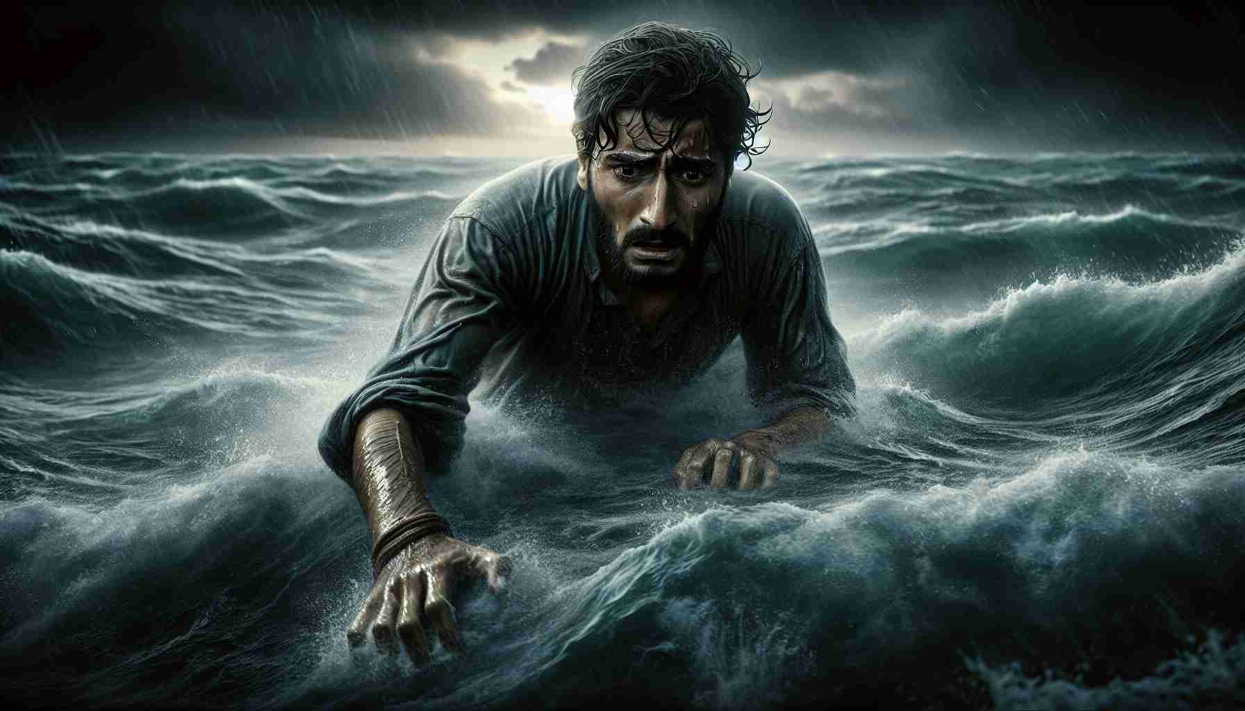 High definition, realistic image depicting a dramatic scene: a young Middle-Eastern man named Ayoub, caught in a desperate situation. He is shown in the midst of a treacherous swim, pushing against powerful waves. His face seems worn yet determined, symbolizing his relentless pursuit of freedom. His clothes are soaked and cling to him, reflecting the struggle. The background is an expansive, stormy ocean under the dark sky, adding to the perilous atmosphere. However, a faint light in the distance brings a sense of hope. Please keep the depiction respectful and empathetic, fully encapsulating his courageous struggle for freedom.
