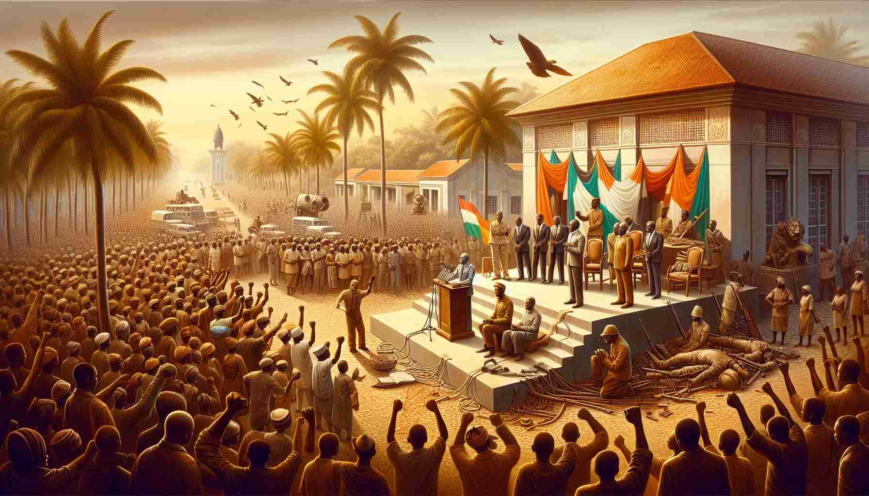 Generate a realistic high-definition image depicting a prominent moment in Ivory Coast's history known as 'The Shift'. The scene should reflect the elements of change, progress, and departure from the old ways. This can incorporate aspects such as gatherings, speeches, or other symbols of a transformation period.