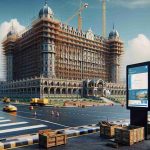 A hyper-realistic high-definition image portraying a grand hotel named 'The Gateway to Africa' undergoing significant renovations. The hotel stands majestically against the sky while the renovation can be seen in the form of scaffolding running up its sides and construction equipment stationed around its base. Its architectural design blends modern sensibilities with traditional elements. Nearby, a placard or a digital board is set up, providing key information and details about the ongoing remodeling process.