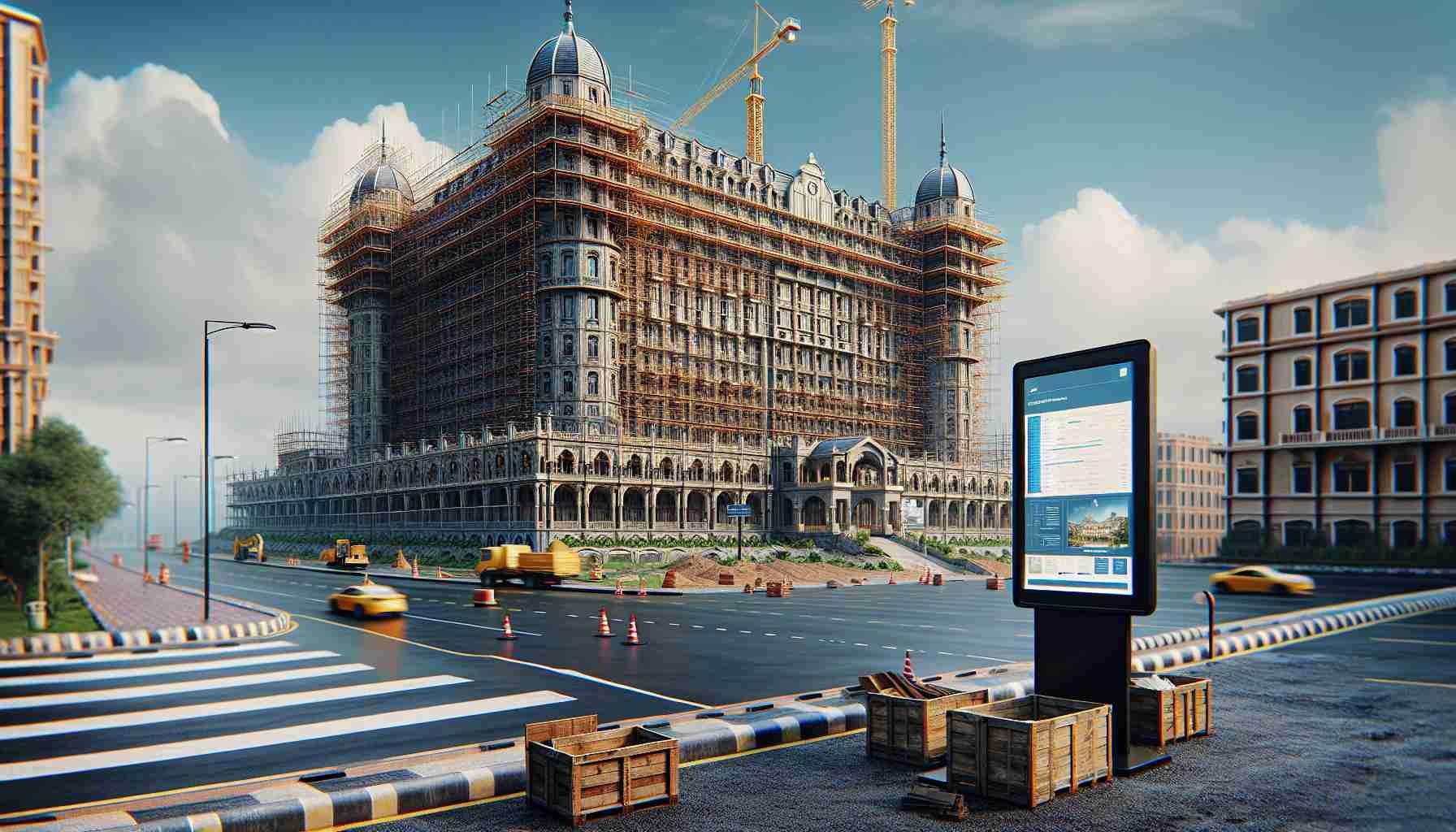 A hyper-realistic high-definition image portraying a grand hotel named 'The Gateway to Africa' undergoing significant renovations. The hotel stands majestically against the sky while the renovation can be seen in the form of scaffolding running up its sides and construction equipment stationed around its base. Its architectural design blends modern sensibilities with traditional elements. Nearby, a placard or a digital board is set up, providing key information and details about the ongoing remodeling process.