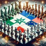 A high-definition image portraying the concept of a new era for relations between countries reminiscent of France and Morocco. Show a symbolically strategic chess game where the players are represented as abstract figures of these two nations. Each chess piece could portray traditional or modern aspects of culture, economy, science, and other facets of society. The board and surrounding environment should be peaceful and sophisticated, reflecting mutual respect and collaboration.