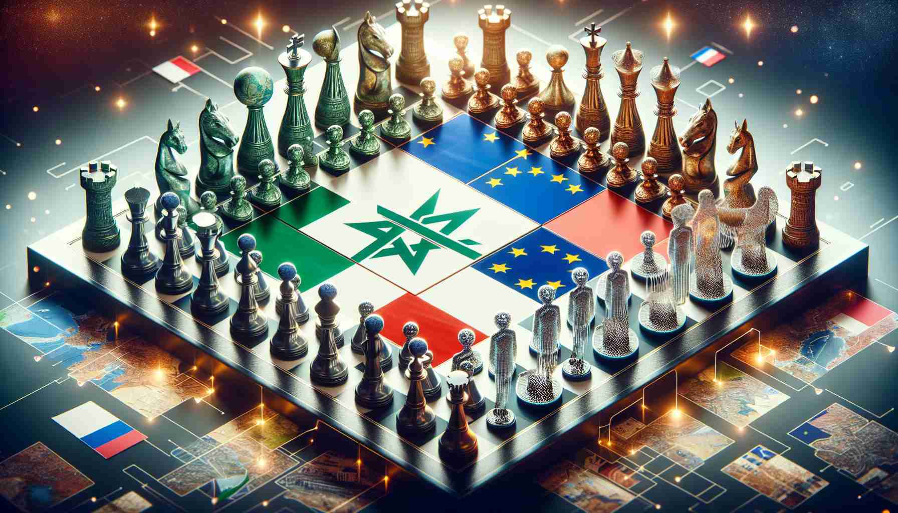 A high-definition image portraying the concept of a new era for relations between countries reminiscent of France and Morocco. Show a symbolically strategic chess game where the players are represented as abstract figures of these two nations. Each chess piece could portray traditional or modern aspects of culture, economy, science, and other facets of society. The board and surrounding environment should be peaceful and sophisticated, reflecting mutual respect and collaboration.
