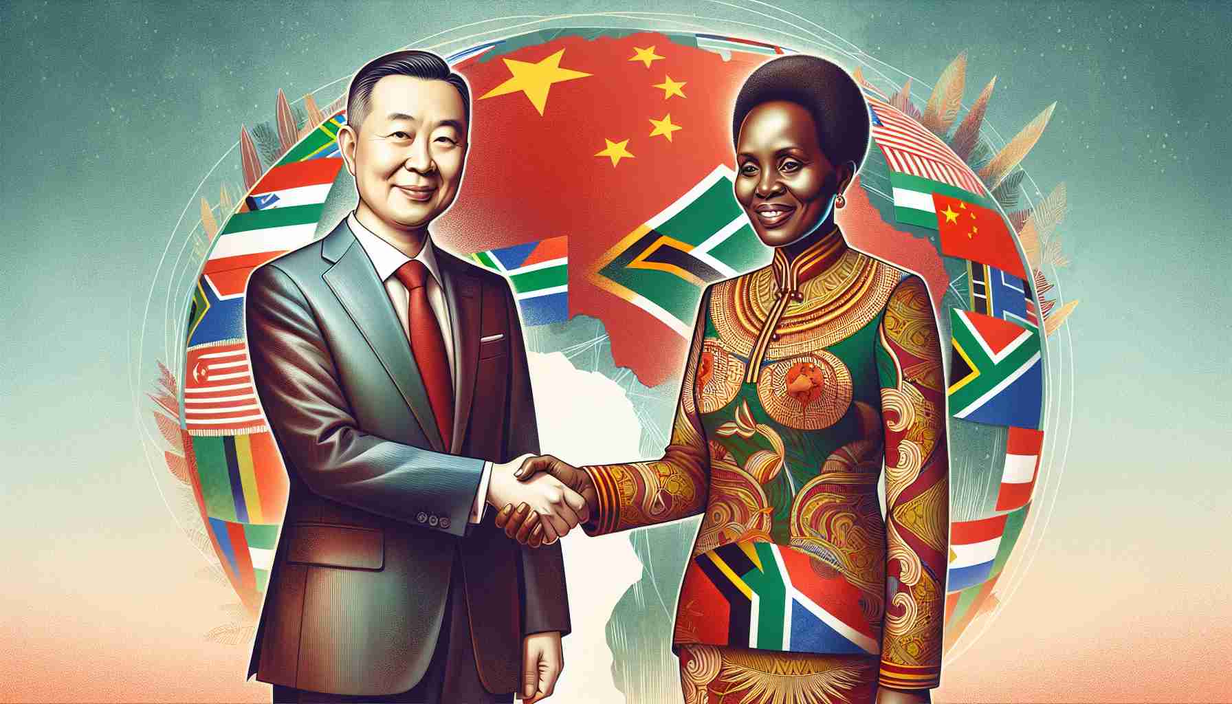 Detailed image showcasing the strengthening tie between China and Africa symbolically. Picture a handshake between two diplomats, one representing China and the other Africa. The diplomat from China is a middle-aged East Asian man in a well-tailored suit, while the African representative is a South African woman in richly patterned traditional attire. Behind them, subtly depicted, should be the flags of China and some African nations, blended into a light, abstract background. Be sure to establish a sense of goodwill, equality, and mutual respect in the composition.