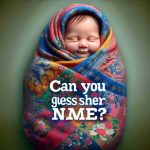 A high-definition, photorealistic image of the last baby born in the year 2024. The baby is beautifully wrapped in a colorful blanket, showing only a part of her cute, chubby face. Her eyes are closed as she sleeps peacefully. The image has a question overlaid on it in a playful font, asking 'Can you guess her name?'