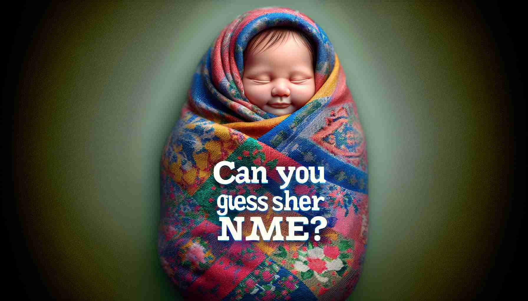 A high-definition, photorealistic image of the last baby born in the year 2024. The baby is beautifully wrapped in a colorful blanket, showing only a part of her cute, chubby face. Her eyes are closed as she sleeps peacefully. The image has a question overlaid on it in a playful font, asking 'Can you guess her name?'