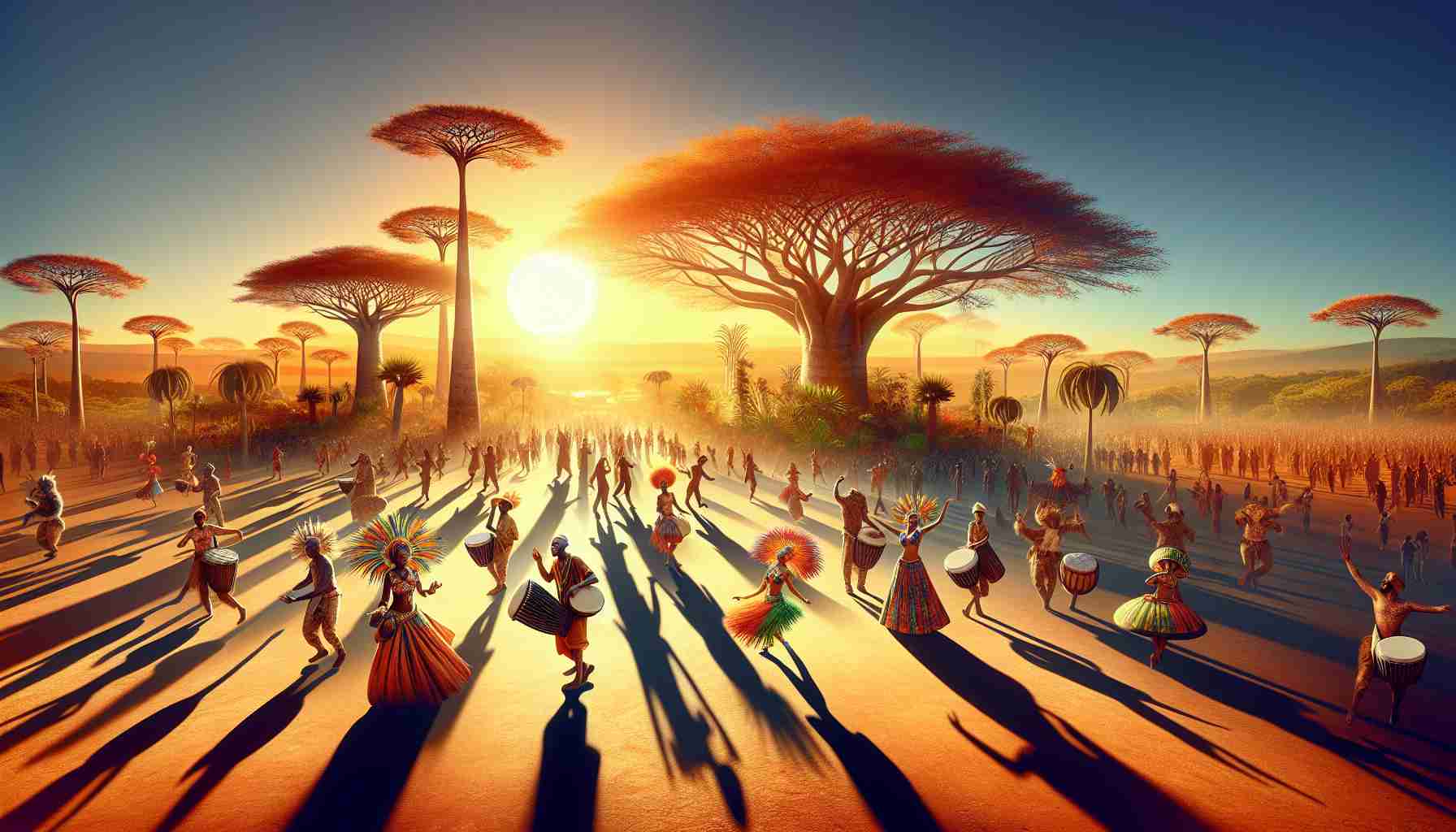 Create a realistic, high-definition image portraying an unforgettable Carnival experience which encapsulates the unique mystique of Africa. Imagine vivid, vibrant colors; traditional African attire inspired by various cultures across the continent; people of different gender and descent cheerfully celebrating, dancing to the rhythm of African drums; landscape adorned by iconic African flora like baobab trees, acacia trees, and savannah grass; and a setting sun casting long, warm shadows.