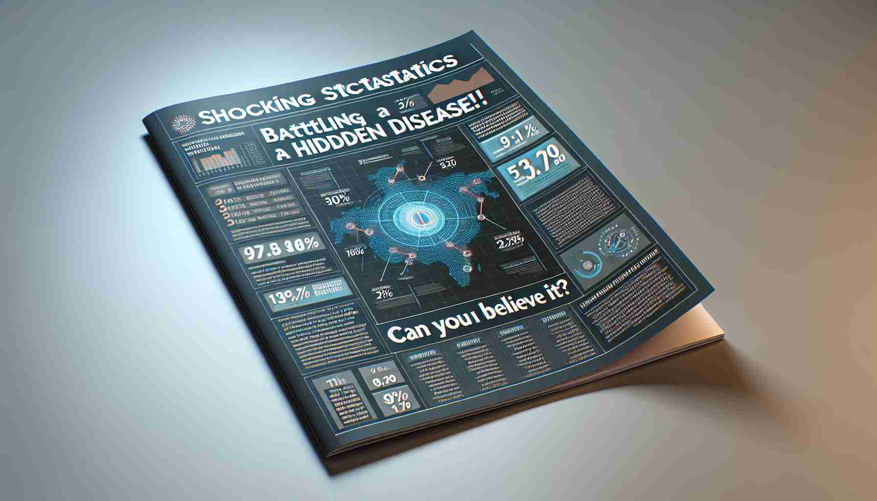 A realistic, high-definition image of a report cover themed around shocking statistics of a hidden disease. The cover prominently features the title 'Shocking Statistics: Battling a Hidden Disease! Can You Believe It?'. It should have visually impactful graphics or charts illustrating the severity of the disease, and possibly some small text blurbs giving sneak peeks into the shocking stats inside. Picture should convey a sense of urgency and concern, catching the viewer's eye and provoking curiosity.