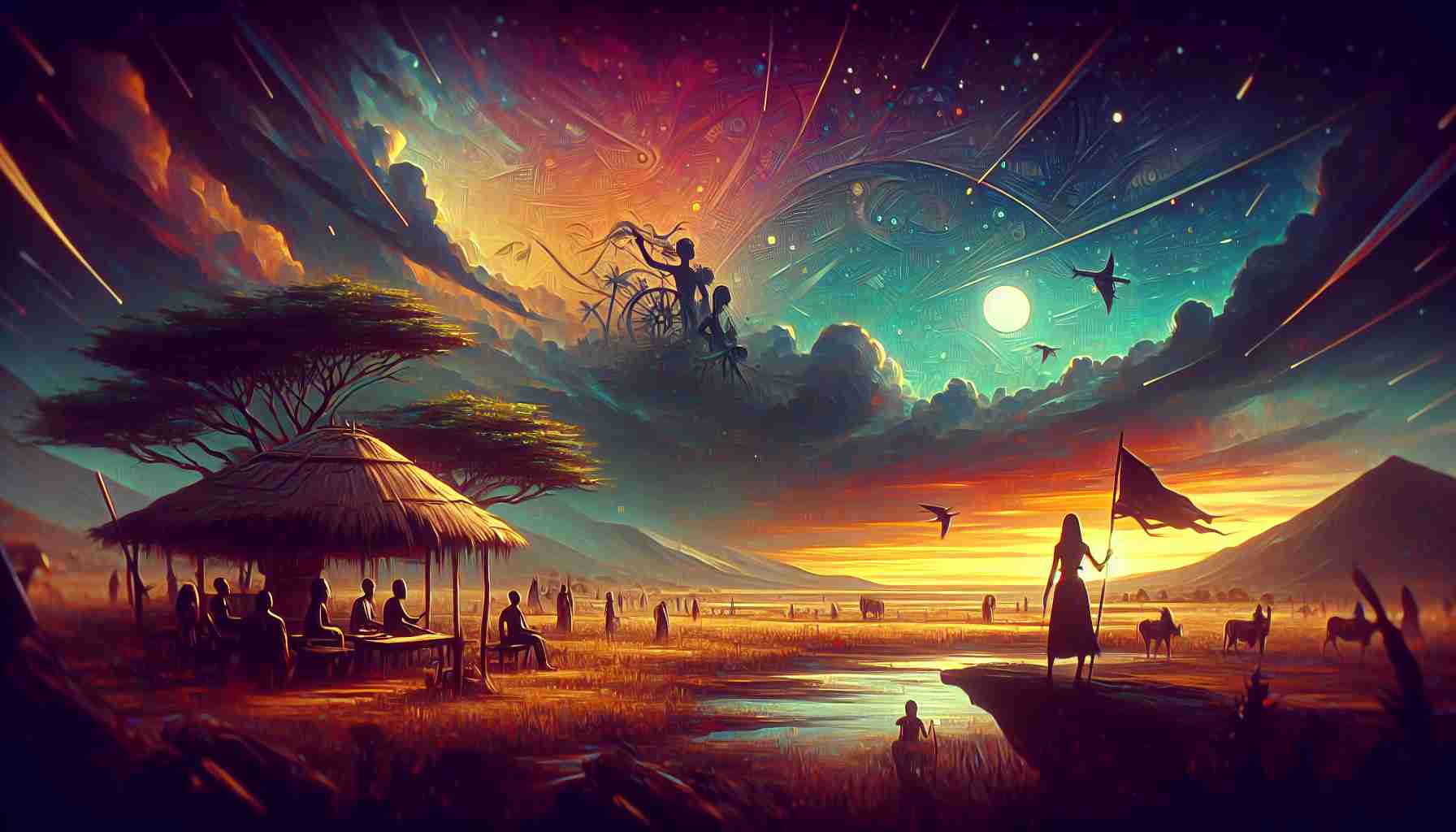 Generate a high-definition image that depicts a scene related to the unveiling of a short film named 'África'. The scene should deliver a sense of captivating storyline, revealing hints about the plot and characters. The atmosphere should incite excitement and curiosity about the film's narrative, but without giving away significant plot points.