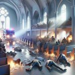 Realistic high-definition image of an unfortunate event occurring at a Nigerian church on New Year's Eve. The picture conveys the emotional gravity of the situation with delicate lighting, showing the church's architectural details and capturing the reactions of the people present during this unexpected situation.