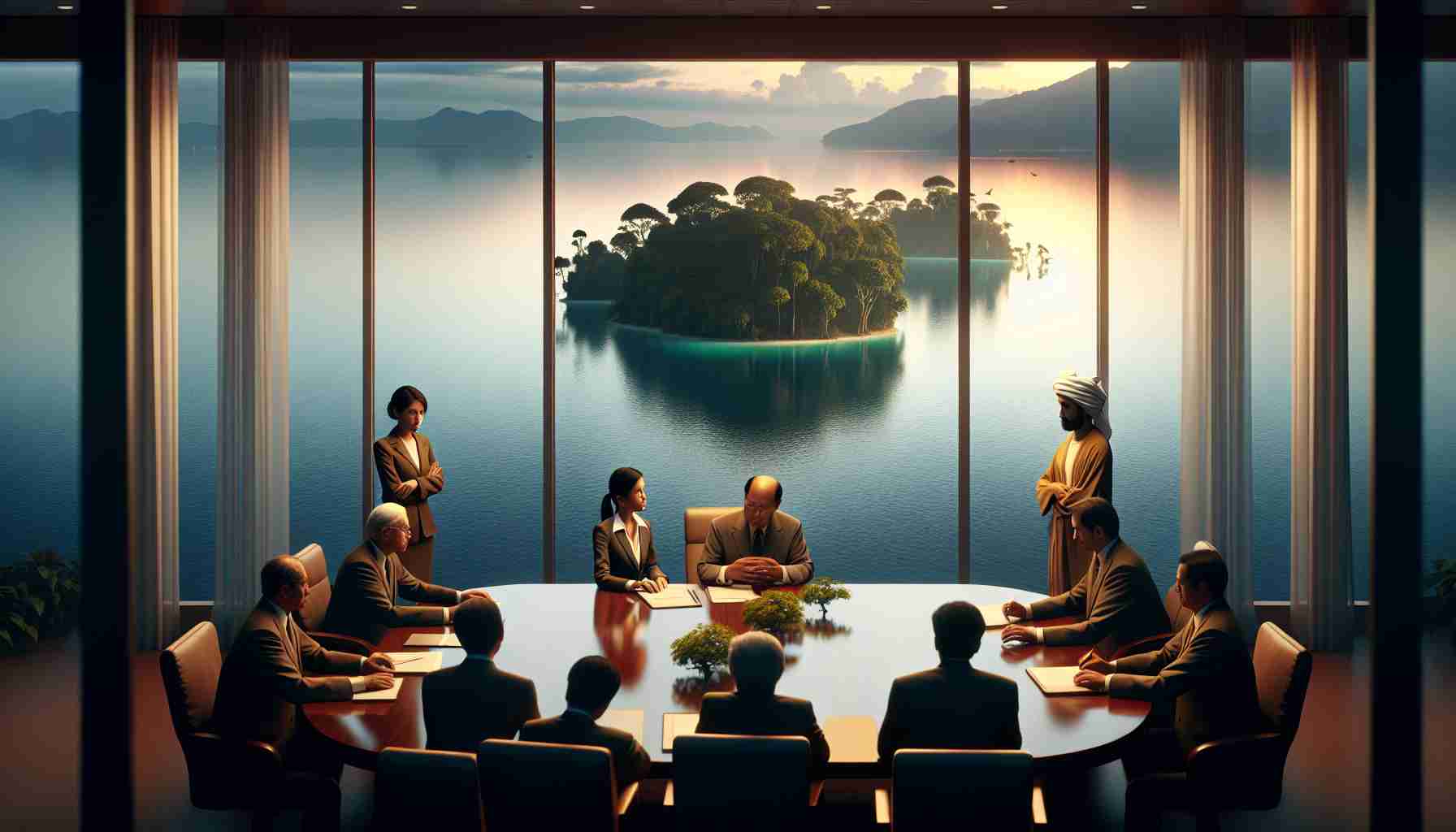 A high-definition, realistic depiction of a conflict over a small island in Lake Victoria. The scene is characterized by tense negotiations with representatives from surrounding countries. On one side of the table is a East Asian woman in a professional suit, and on the other side, a Middle Eastern man in traditional attire, with a small, tree-covered island visible through the meeting room's glass walls. The lake, shrouded in the soft light of dusk, provides a serene yet imposing backdrop to the proceedings.