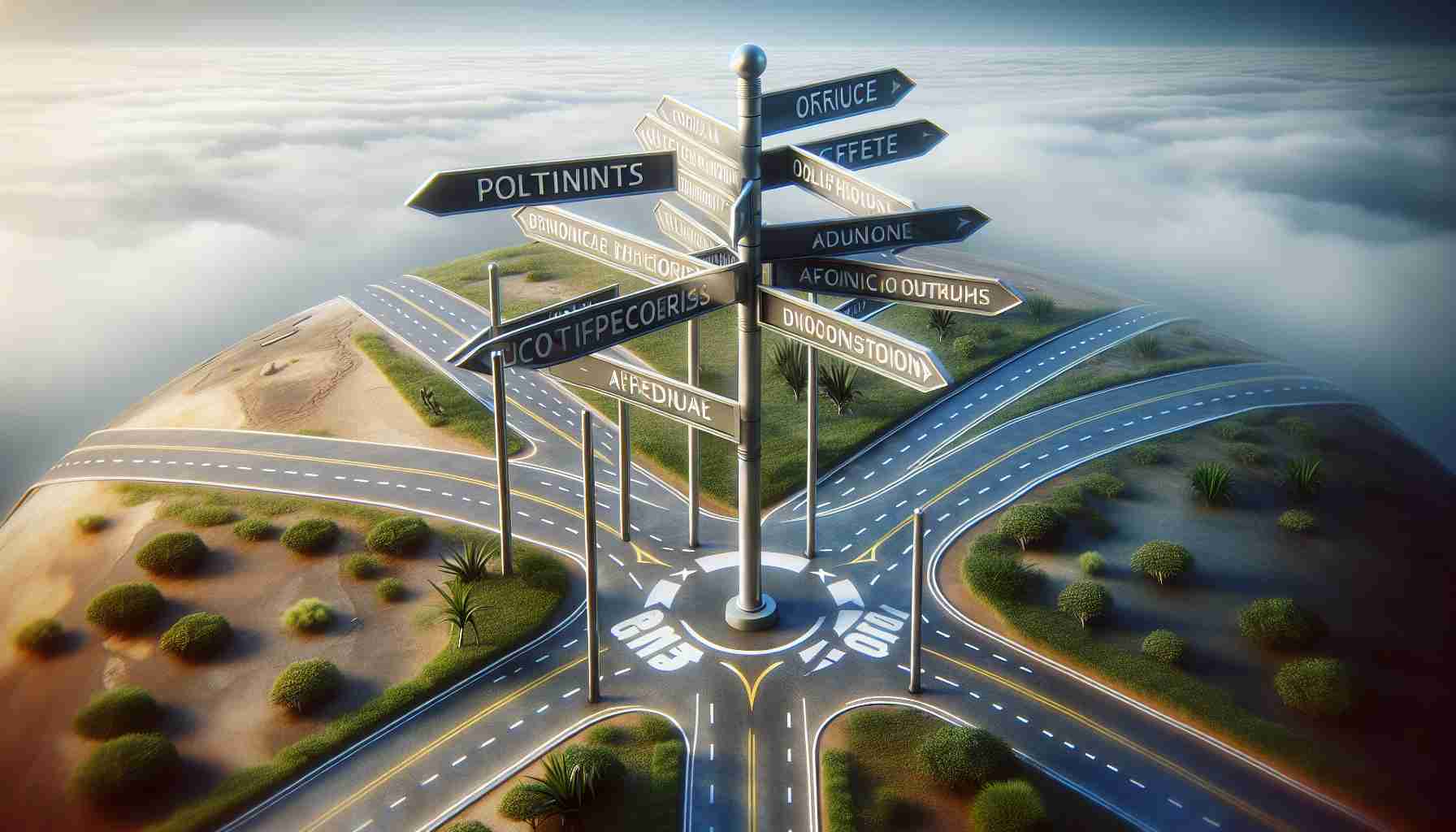Realistic high-resolution image conceptualizing the effect of political decisions on a continent at a crossroads, particularly Africa. The image might depict a symbolic crossroads with signs indicating different paths, reflecting potential futures. The signposts can be inscribed with various socio-political and economic factors that can influence Africa's future direction.