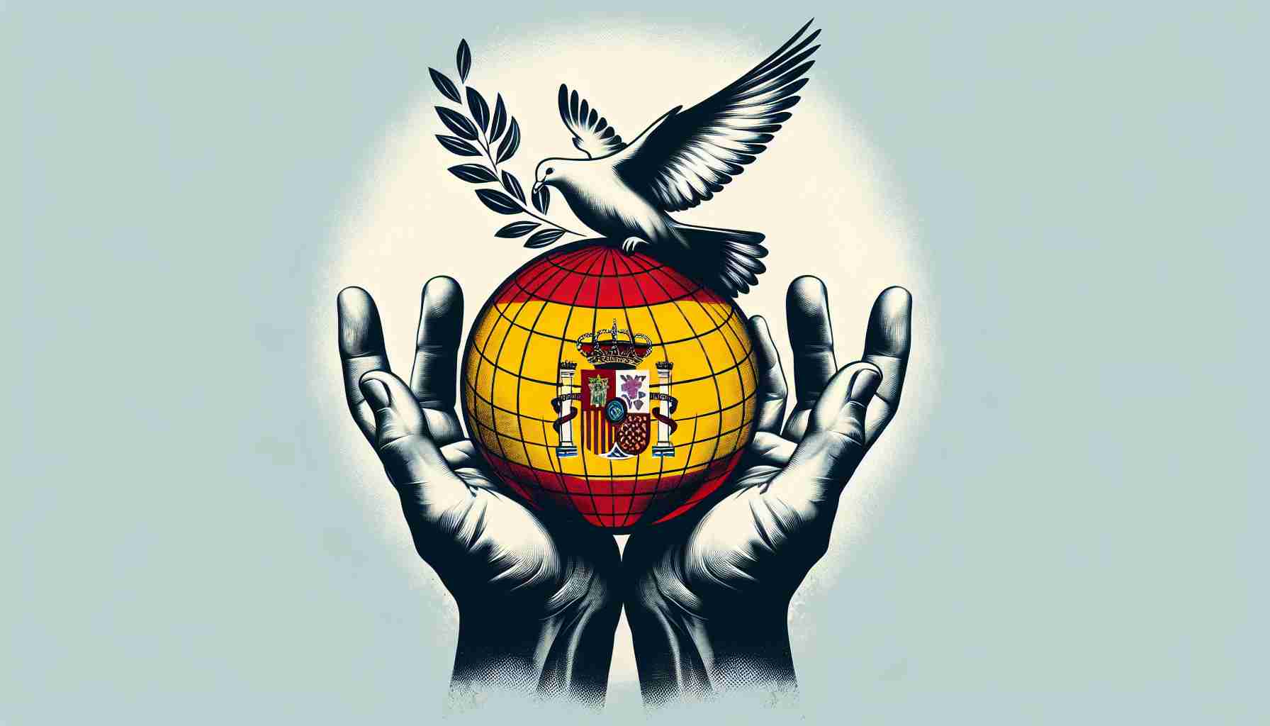 Generate a high-definition realistic picture of symbolic imagery that represents Spain's call for international cooperation. This could include visual representations such as a globe held by a pair of human hands, with a peace dove flying across the scene and the Spanish national emblem subtly incorporated into the image.