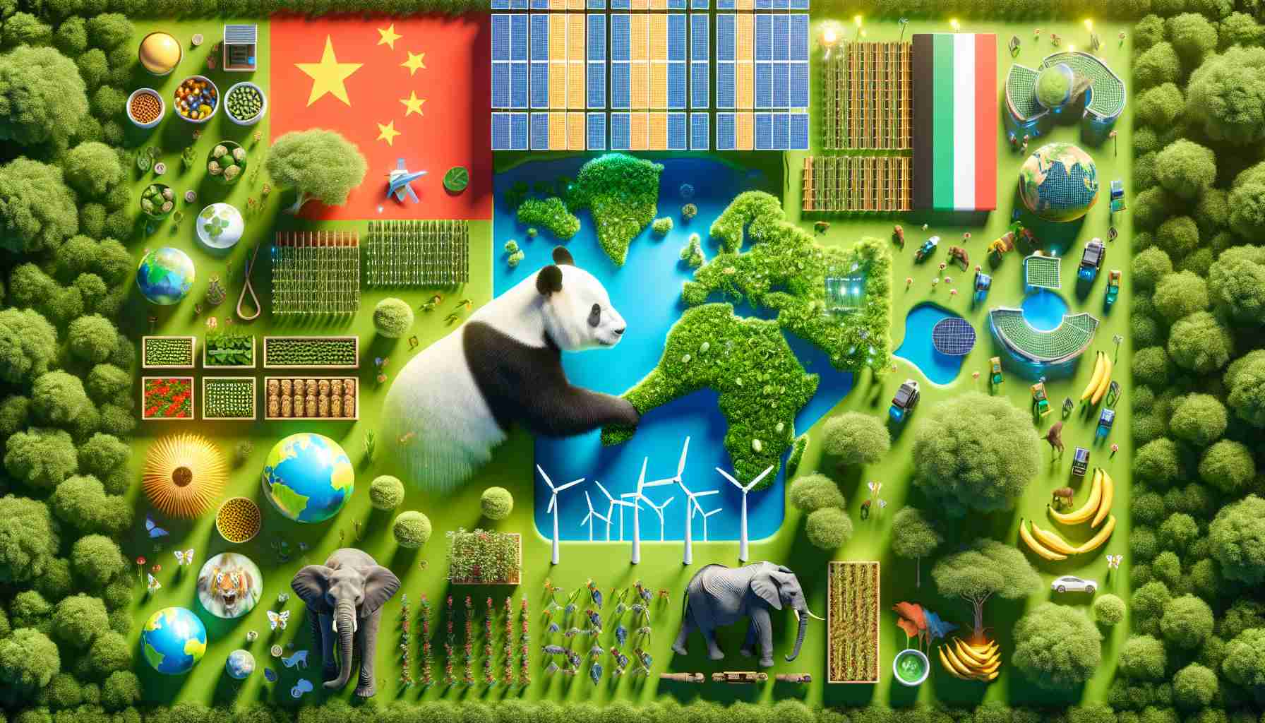 Depict a high-definition realistic image symbolizing the union between China and Africa for a future filled with greener initiatives. Include elements like lush green landscapes, eco-friendly technology such as solar panels, wind turbines, and sustainable agriculture. Additionally, incorporate symbols that are iconic and representative of both China and African nations, like a Chinese panda and an African elephant or acacia tree, coexisting peacefully in this green future. The image should communicate a strong sense of unity, cooperation, and renewal.