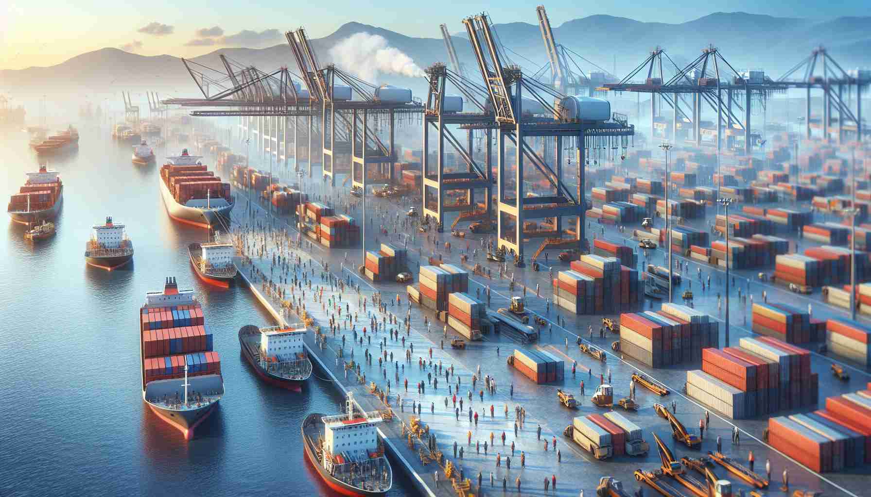 High-resolution, realistic image representing the concept of 'Unlocking Trade'. This scene should depict the bustling ports of South Africa, with prominent inclusion of modern shipping services. Display a variety of ships - cargo vessels, container ships, and tankers, unloading and loading goods. Port workers of diverse genders and descents: Caucasian, Hispanic, Black, Middle-Eastern, South Asian, and White, all working in harmony. Capture the beauty of the region's landscapes in the backdrop to highlight the transformative impact of the new shipping services on the economic landscape.