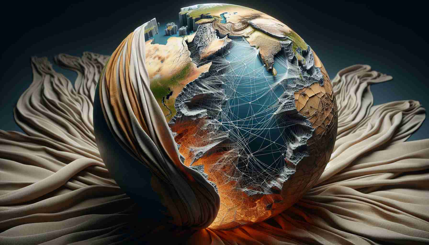 A detailed, high-definition image showcasing the concept of discovering hidden conflicts that are shaping our world. The scene could depict a globe being unraveled like a piece of cloth, revealing a complex network of strings or pathways interconnecting different regions, representative of conflicts, ideologies, and socio-political trends. The look should be as realistic as possible, with a strong emphasis on the earthy colors and textures of the globe, the intricate design of the network beneath, and the stark contrast between the two.