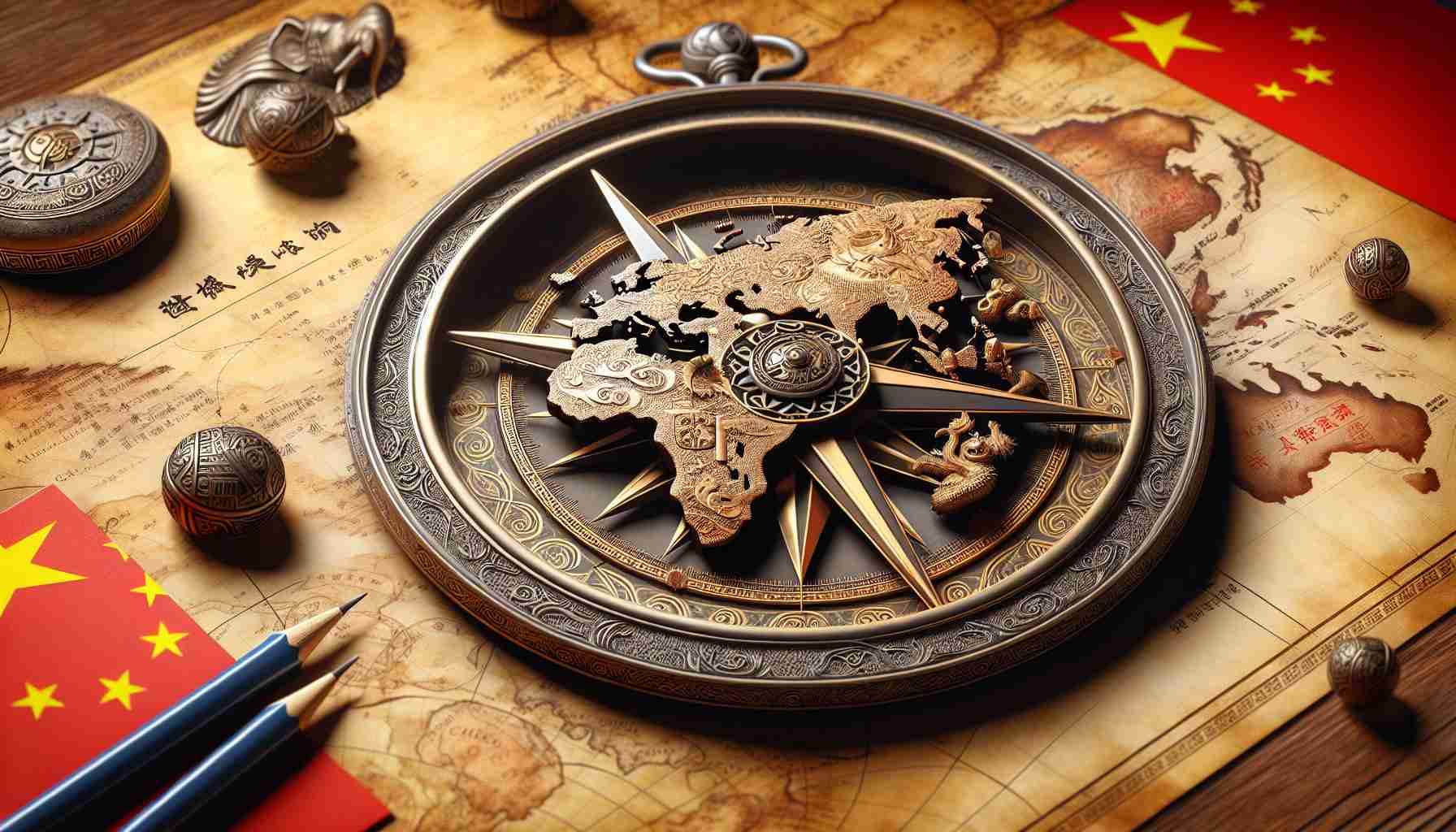 A detailed and realistic high-definition image illustrating the metaphorical beginning of a diplomatic journey. In the foreground, an ornate Chinese-style compass, symbolizing China, is directed towards intricate symbols of Africa - a silhouette of the continent with majestic wildlife, diverse landscapes, and iconic monuments. Both are surrounded by ancient maritime maps, negotiated documents, and diplomatic seals, symbolizing the strengthening of bonds and diplomatic relations.