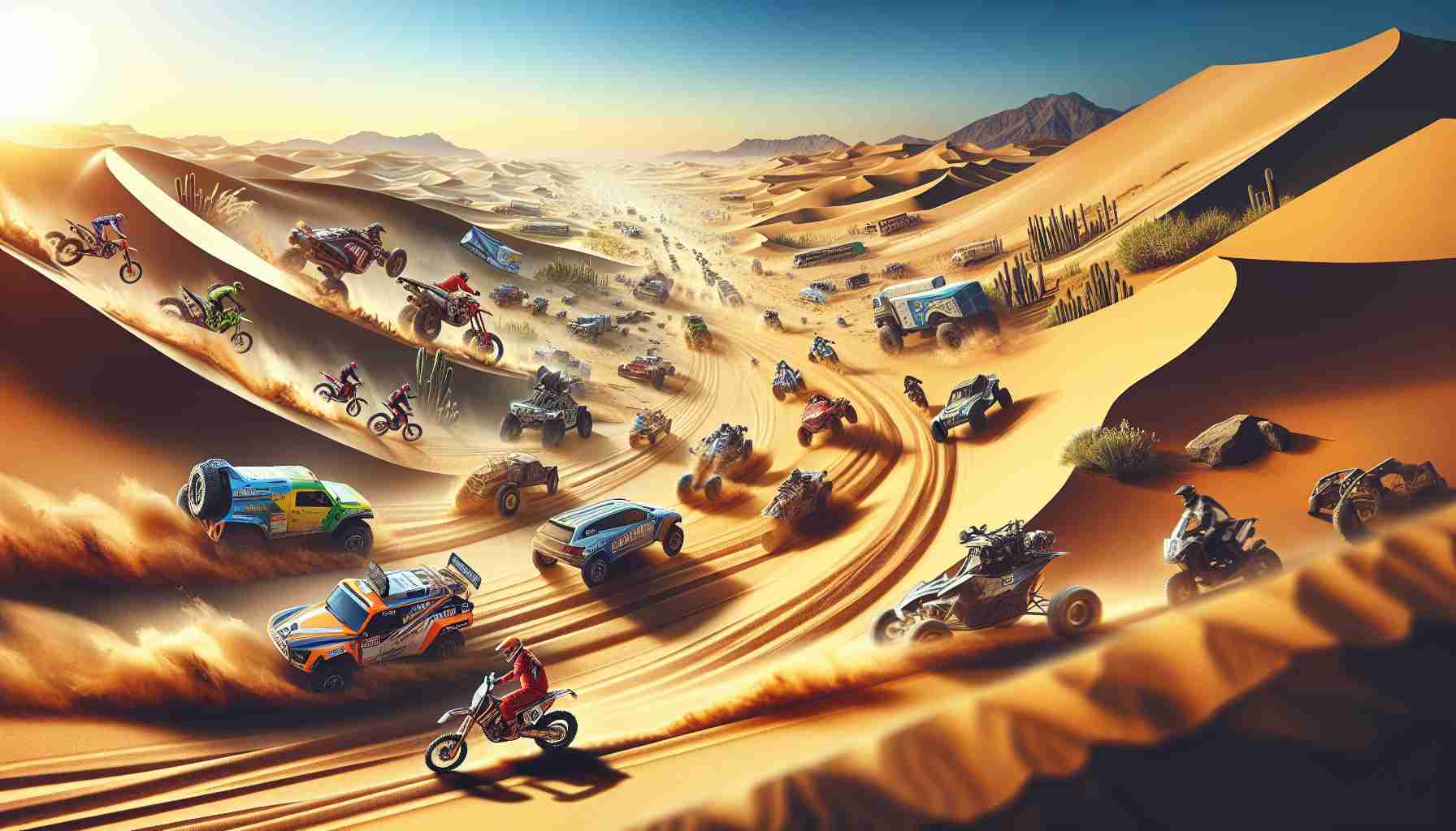 Create an image that embodies the thrilling spirit of the Dakar race. Imagine sand dunes, rugged landscapes, diverse terrains with desert, mountains, and grasslands that spread across 7,000 kilometers. There are competitors with varying vehicles such as motorcycles, quad bikes, cars, and trucks racing with full gusto. Make sure to convey the sense of high-pacing adventure that permeates this enormous journey, and do so in high definition to capture the realistic textures and vibrant scenes.