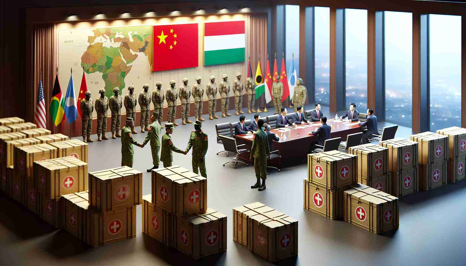 Realistic high-definition image depicting a scenario illustrating China's significant military aid for Africa, potentially representing a new era of cooperation. This could include aspects like crates marked with medical symbols, military officers from both countries meeting in a conference room or a symbolic handshake. Keep in mind that this illustration should capture the essence of this geopolitical development without involving any specific public figures.