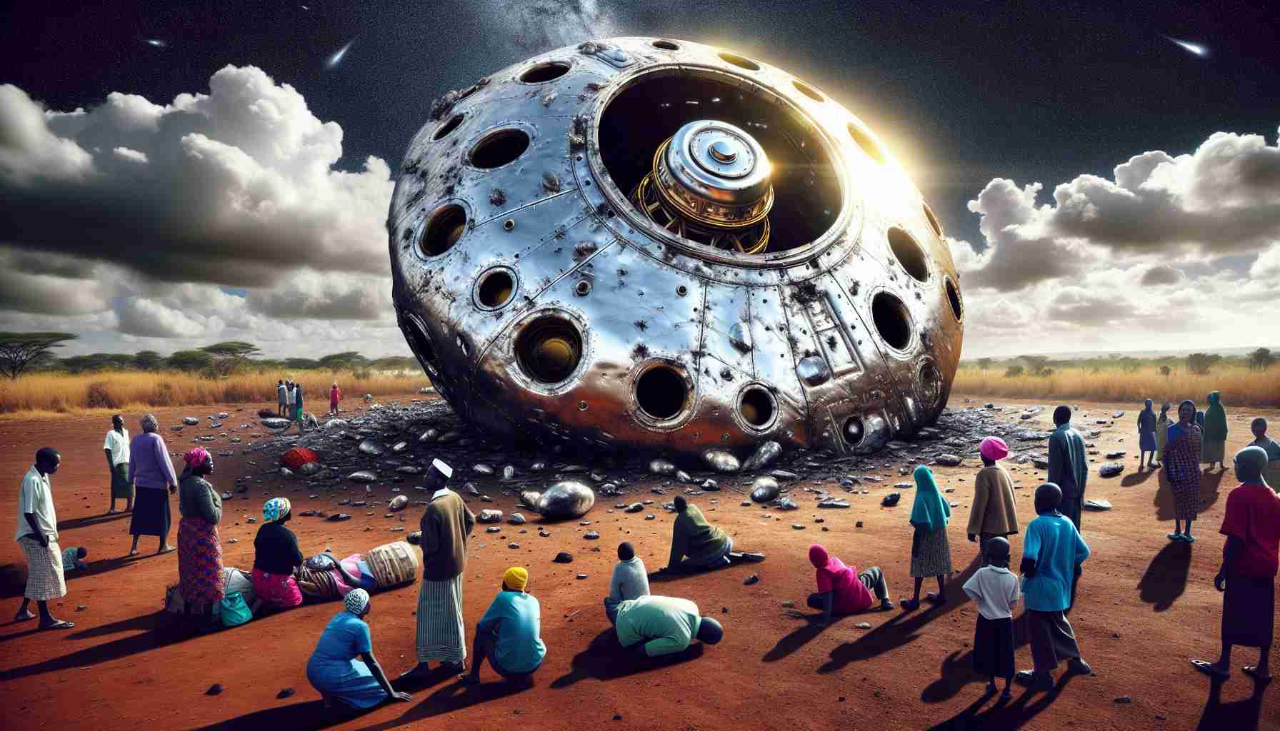 A high-definition image of an unidentified metallic object that has crash-landed in Kenya, causing a wave of speculation and mystery among the locals. Looming ominously under the bright, clear African sky, the fallen metal debris reflects the sun's rays, exuding an alien feel. Surrounding it are the bewildered faces of people from various descents. Next to them, the caption: 'Is Space Junk a Real Threat?' stirs a sense of urgency. The image incorporates a real-world scenario that brings out the possible dangers of space debris to Earth.