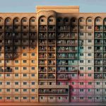 A nuanced, high-resolution image of the exterior of a controversial hotel in the city of Ceuta. The building exudes a sense of tension and unease with workers seen in the foreground. The workers, a variety of genders and descents such as Hispanic, Black, South Asian, and Caucasian, are seen displaying visible signs of concern or fatigue, possibly hinting at their risk-laden work conditions.