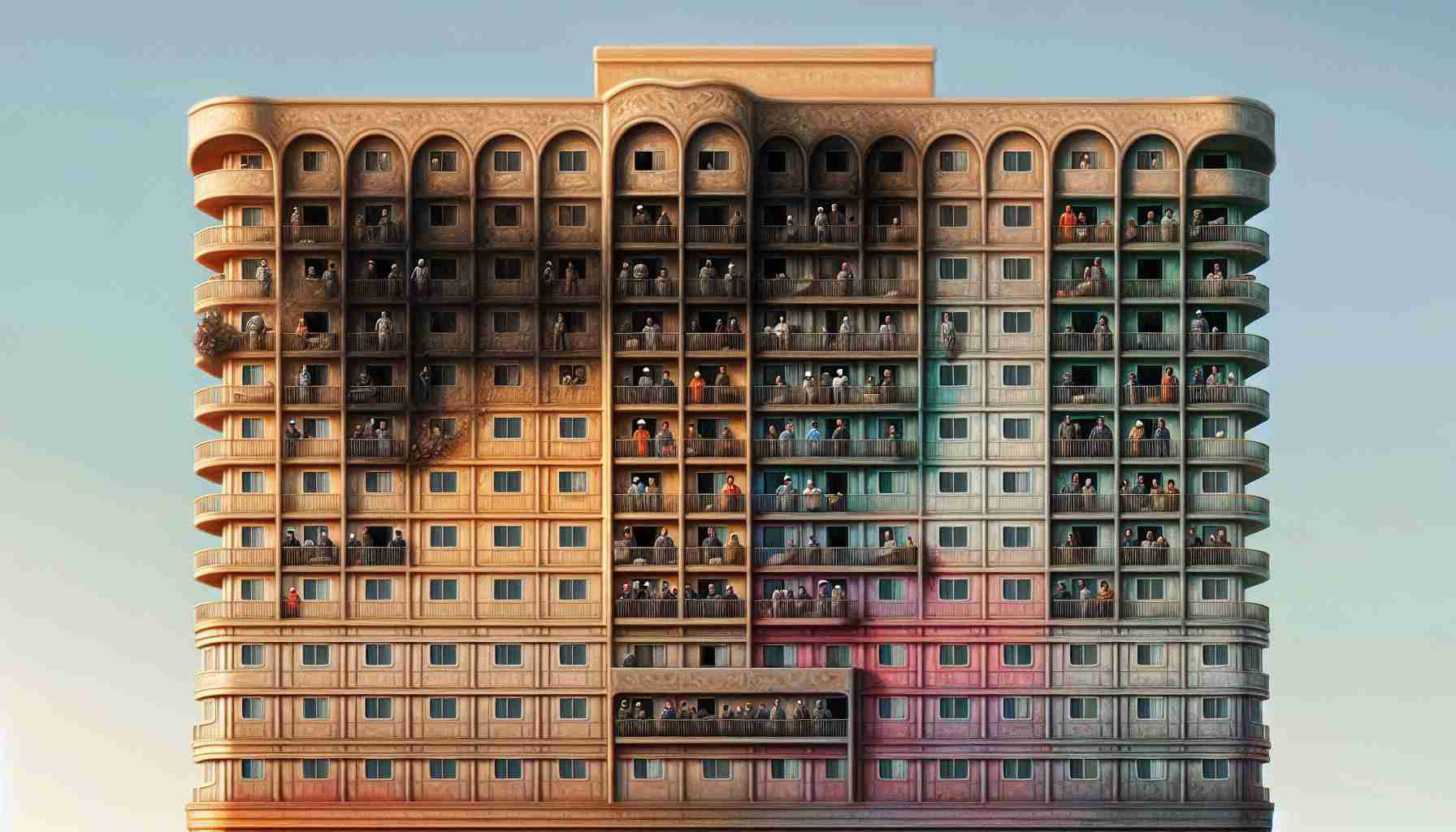 A nuanced, high-resolution image of the exterior of a controversial hotel in the city of Ceuta. The building exudes a sense of tension and unease with workers seen in the foreground. The workers, a variety of genders and descents such as Hispanic, Black, South Asian, and Caucasian, are seen displaying visible signs of concern or fatigue, possibly hinting at their risk-laden work conditions.