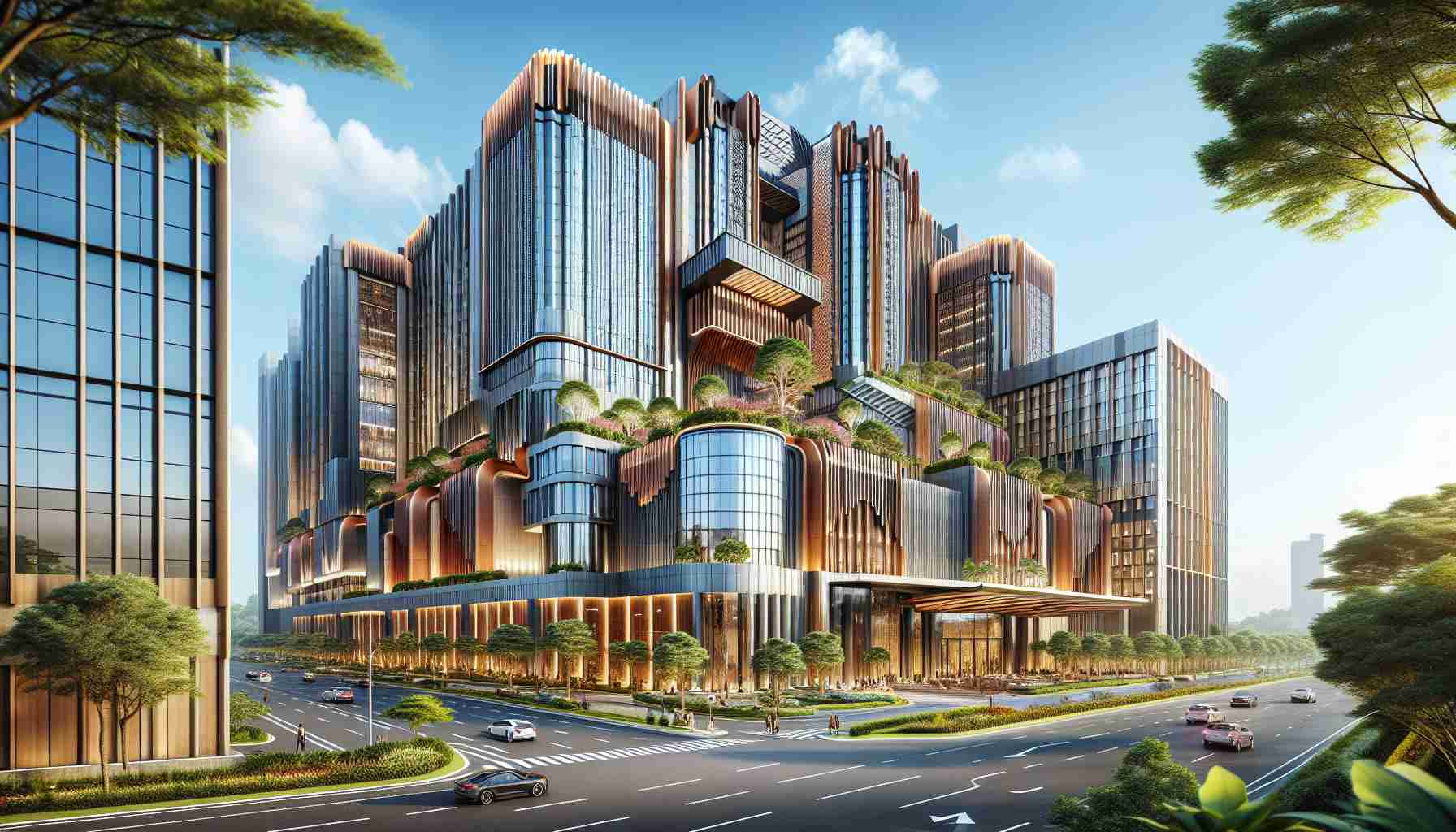 Generate a detailed and realistic high-definition image showing dynamic and thrilling advancements for an impressive and large-scale hotel, often referred to as 'The Gateway of Africa'. Portray the exterior of the grand structure, with innovative modifications and significant upgrades reflecting progress. Add vibrant colors to show an inviting atmosphere. Include lush greenery surrounding the hotel for a fresh look, alongside sleek contemporary architectural elements signifying the new developments. The sky should be clear, signifying a bright future for the hotel.