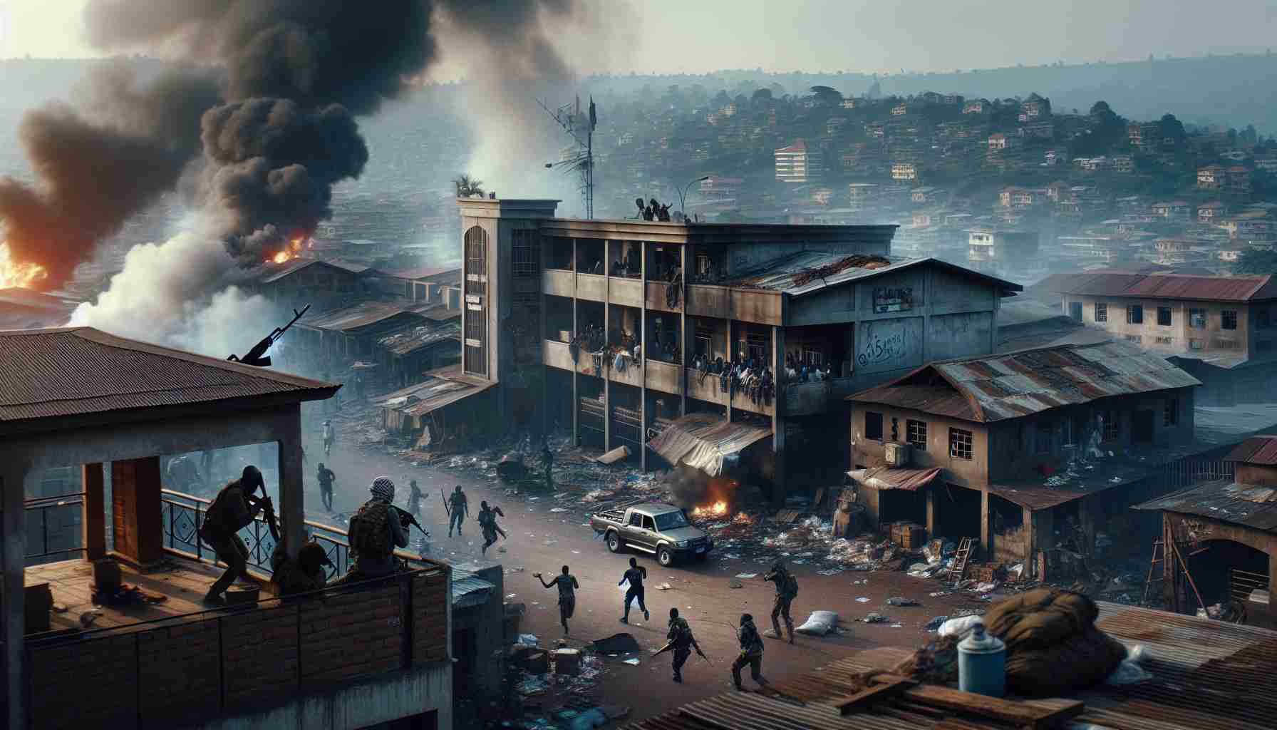 A high-definition scene capturing a moment of upheaval and conflict in a central African city. In this scene, an unidentified group indicative of militant organizations has taken control of a city named Goma. The city’s infrastructure shows signs of recent clashes, with smoke billowing from structures, and residents reacting in shock and panic. Note that no graphic violence or harm to individuals should be depicted, but the tension and unrest should be clearly conveyed. Use caution in visual representations to ensure the scene is handled with tact and respect.